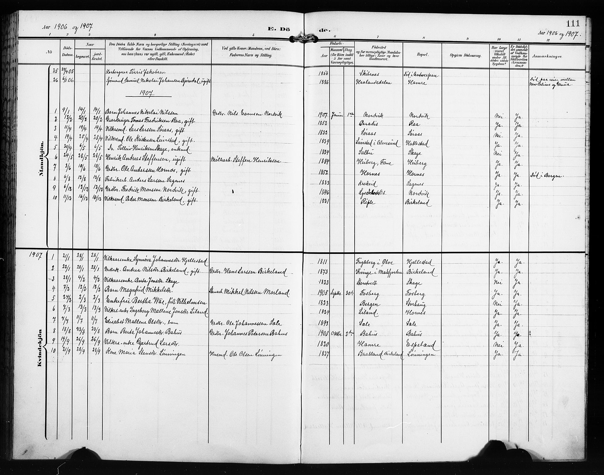 Fana Sokneprestembete, AV/SAB-A-75101/H/Hab/Haba/L0004: Parish register (copy) no. A 4, 1902-1912, p. 111