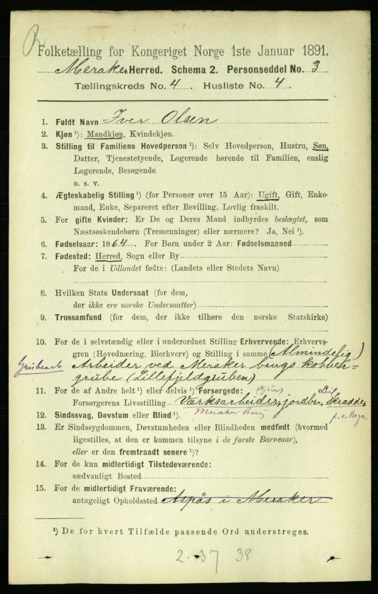 RA, 1891 census for 1711 Meråker, 1891, p. 1645
