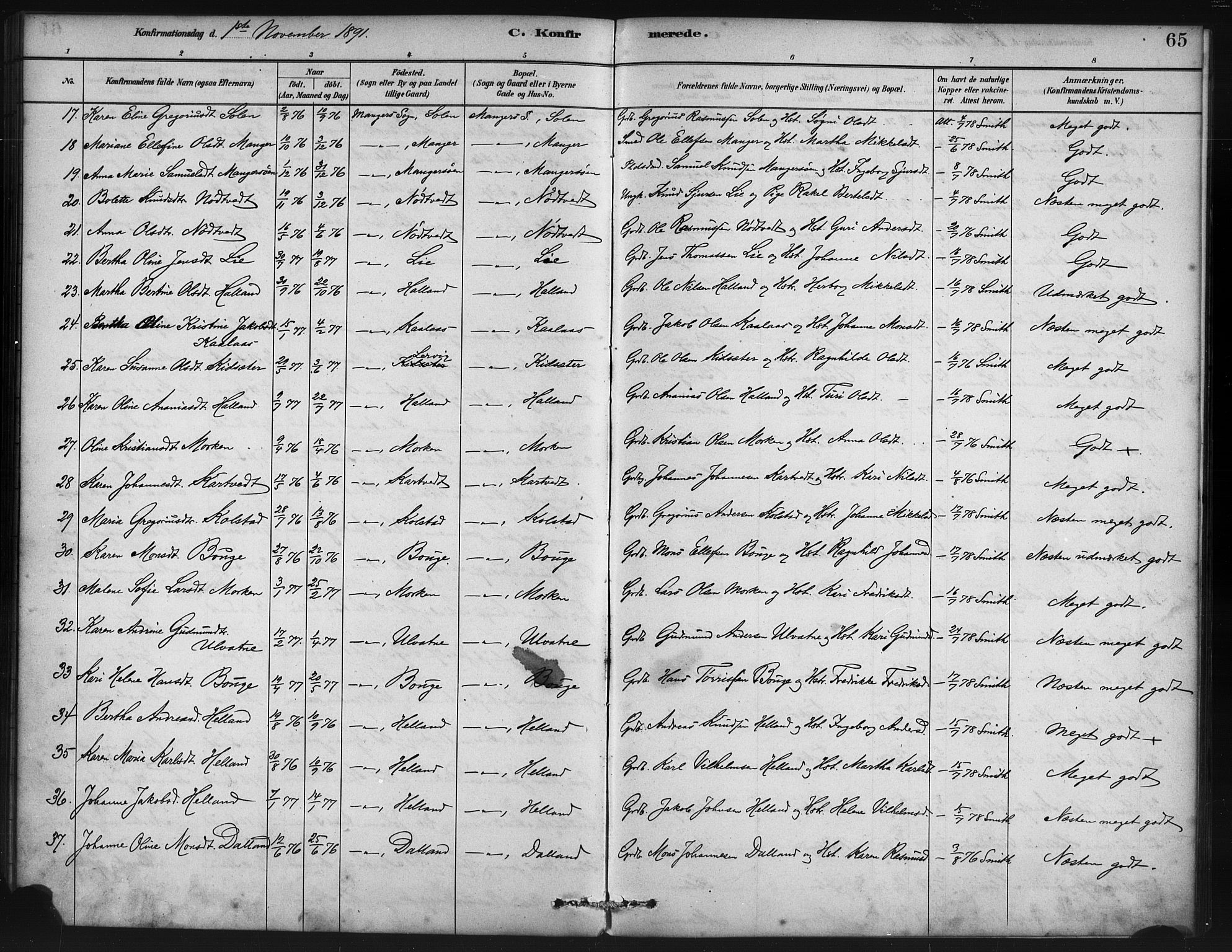Manger sokneprestembete, SAB/A-76801/H/Haa: Parish register (official) no. B 1, 1881-1892, p. 65