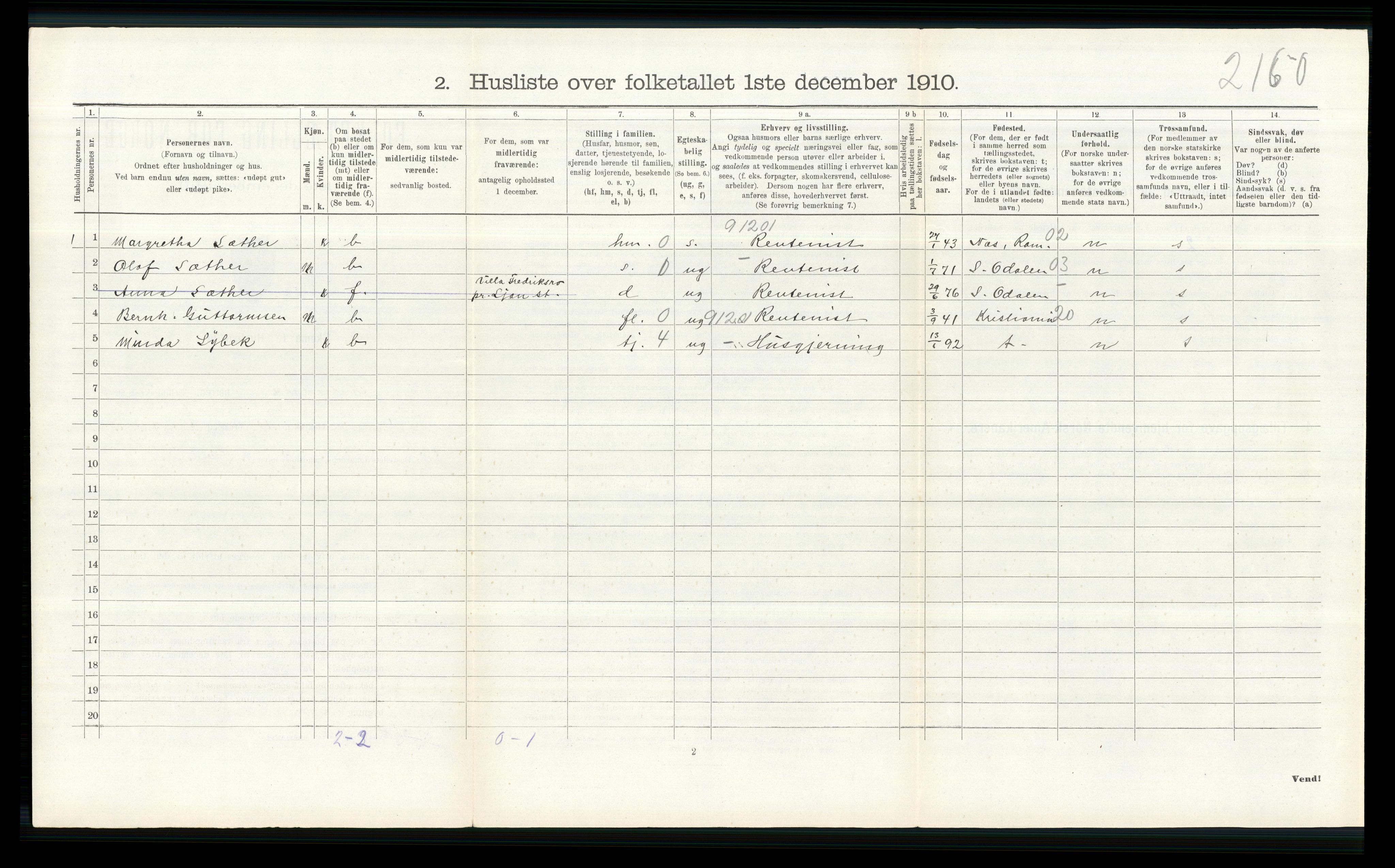 RA, 1910 census for Nittedal, 1910, p. 452