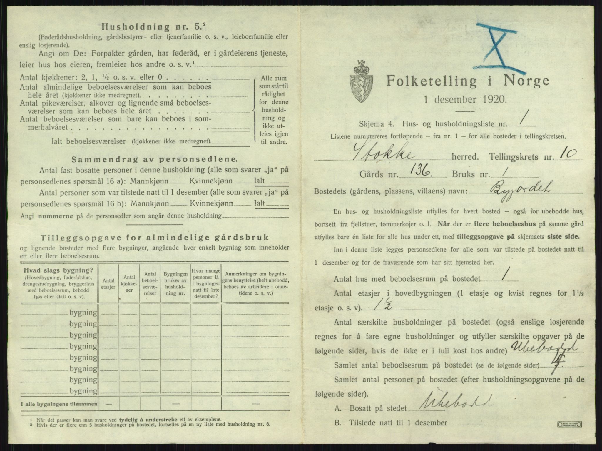 SAKO, 1920 census for Stokke, 1920, p. 1820