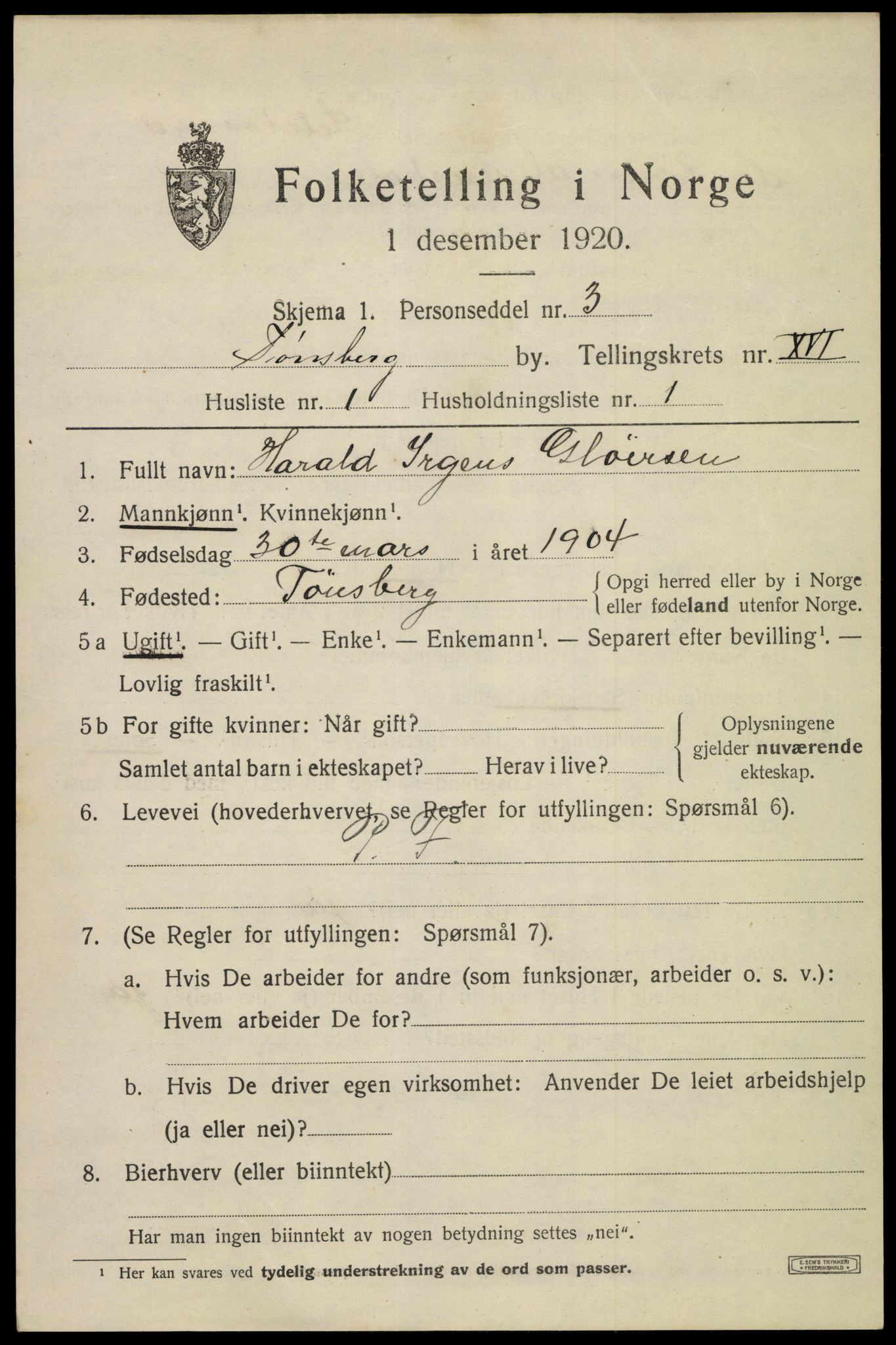 SAKO, 1920 census for Tønsberg, 1920, p. 24519