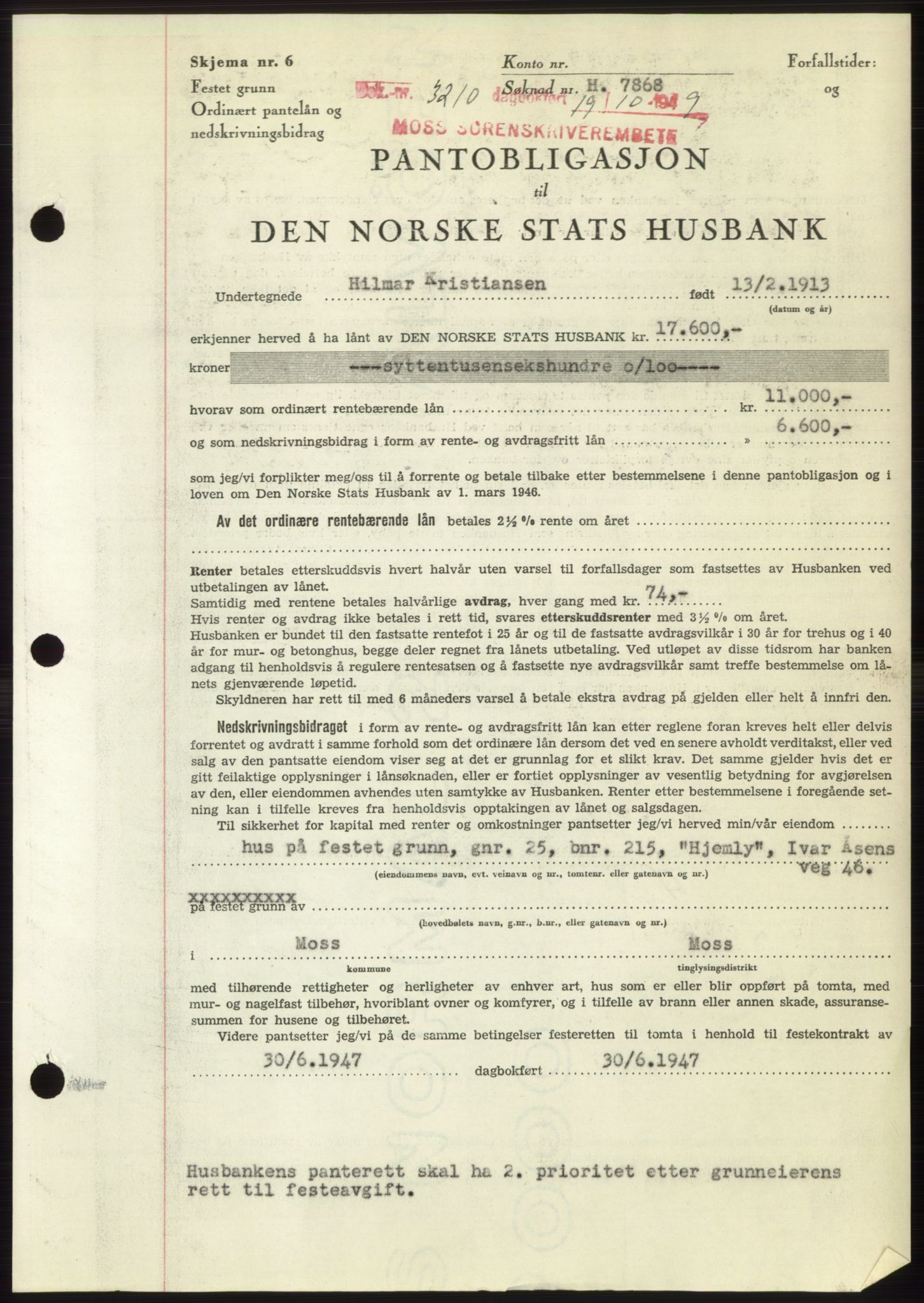 Moss sorenskriveri, SAO/A-10168: Mortgage book no. B23, 1949-1950, Diary no: : 3210/1949