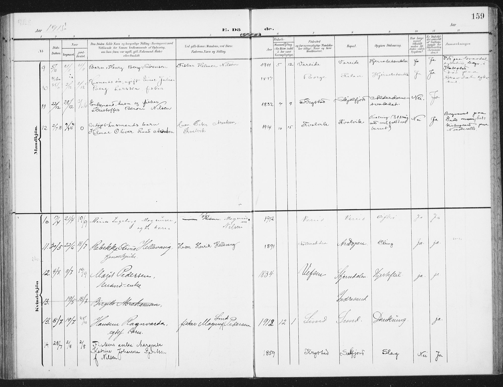 Ministerialprotokoller, klokkerbøker og fødselsregistre - Nordland, AV/SAT-A-1459/885/L1206: Parish register (official) no. 885A07, 1905-1915, p. 159