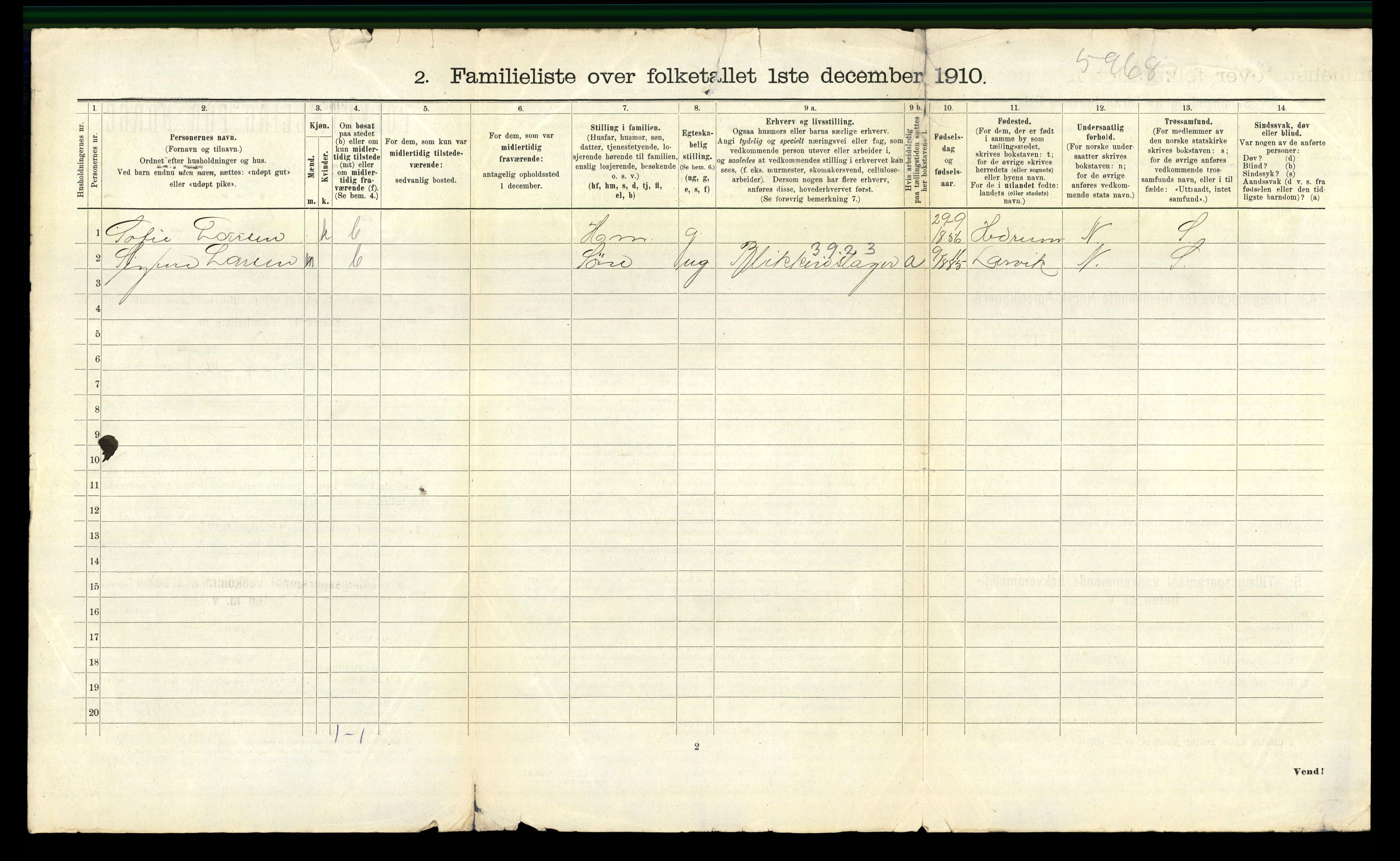 RA, 1910 census for Larvik, 1910, p. 2338