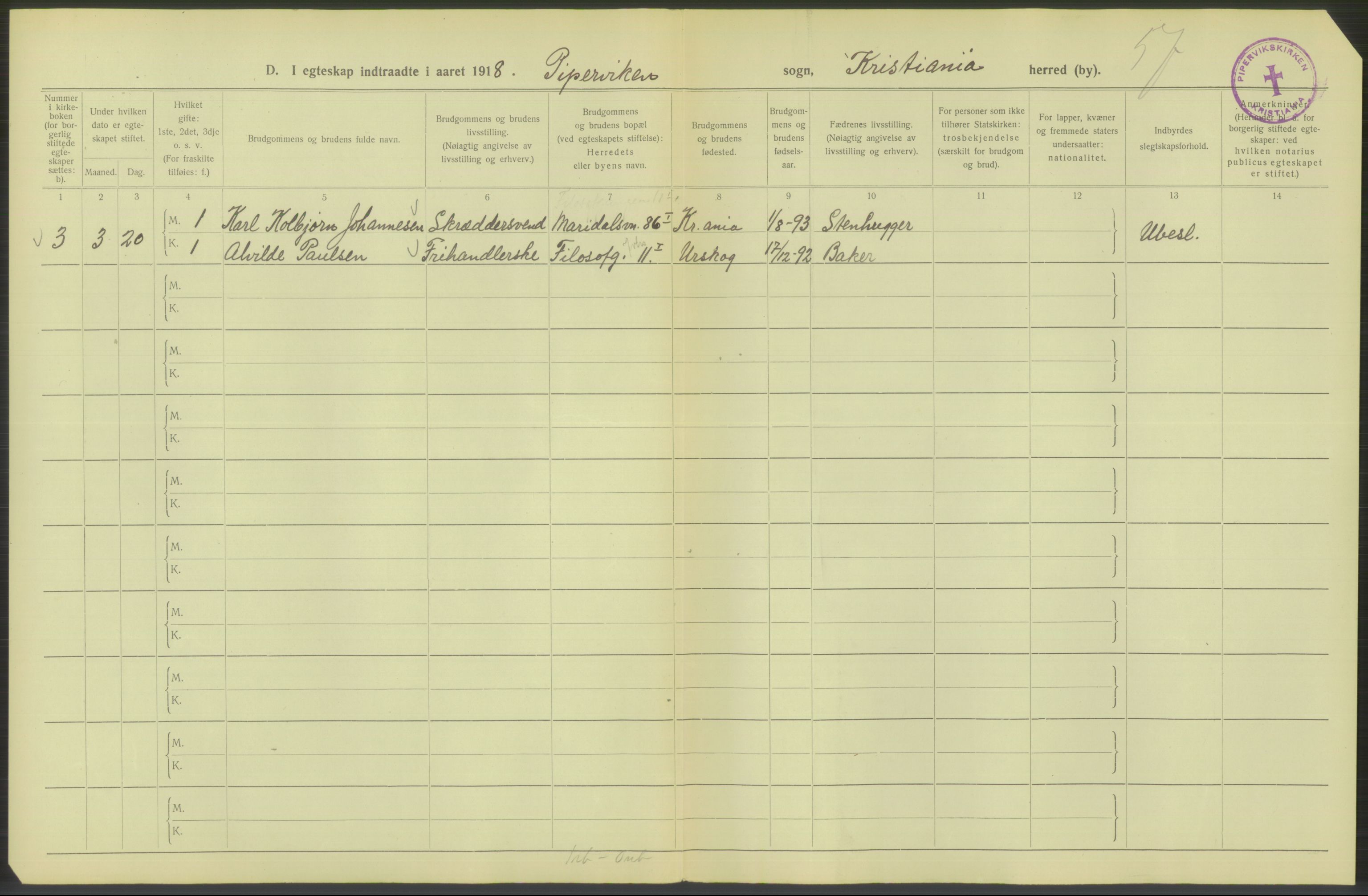 Statistisk sentralbyrå, Sosiodemografiske emner, Befolkning, AV/RA-S-2228/D/Df/Dfb/Dfbh/L0009: Kristiania: Gifte, 1918, p. 1078