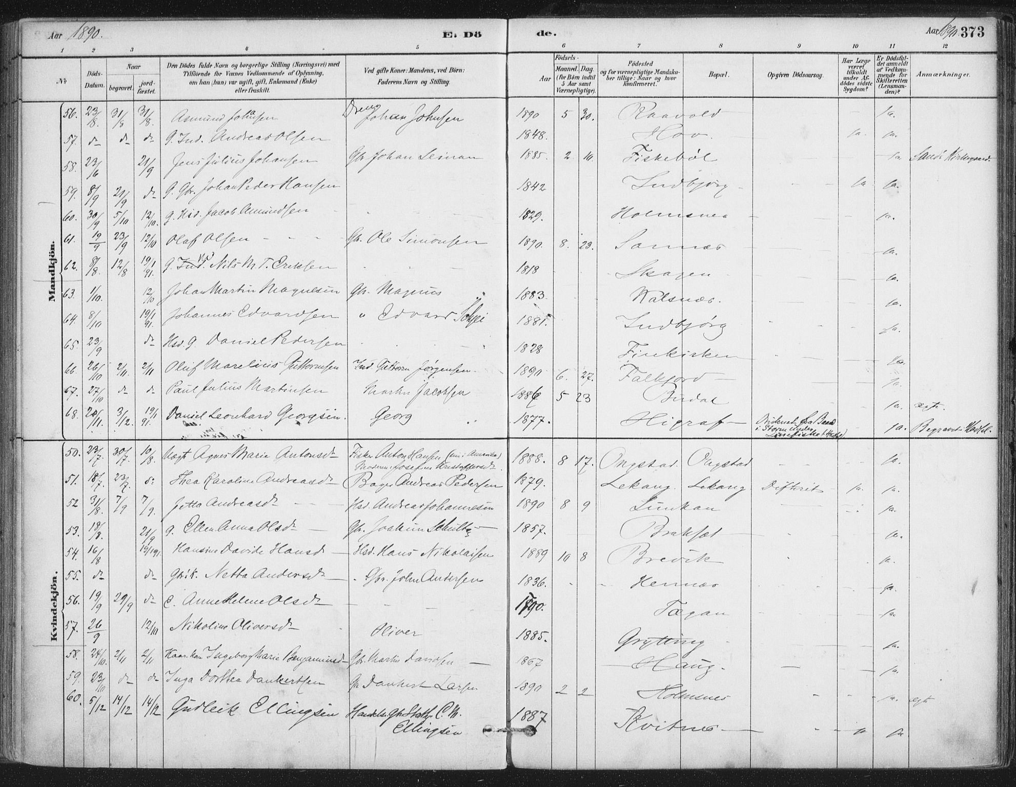 Ministerialprotokoller, klokkerbøker og fødselsregistre - Nordland, AV/SAT-A-1459/888/L1244: Parish register (official) no. 888A10, 1880-1890, p. 373