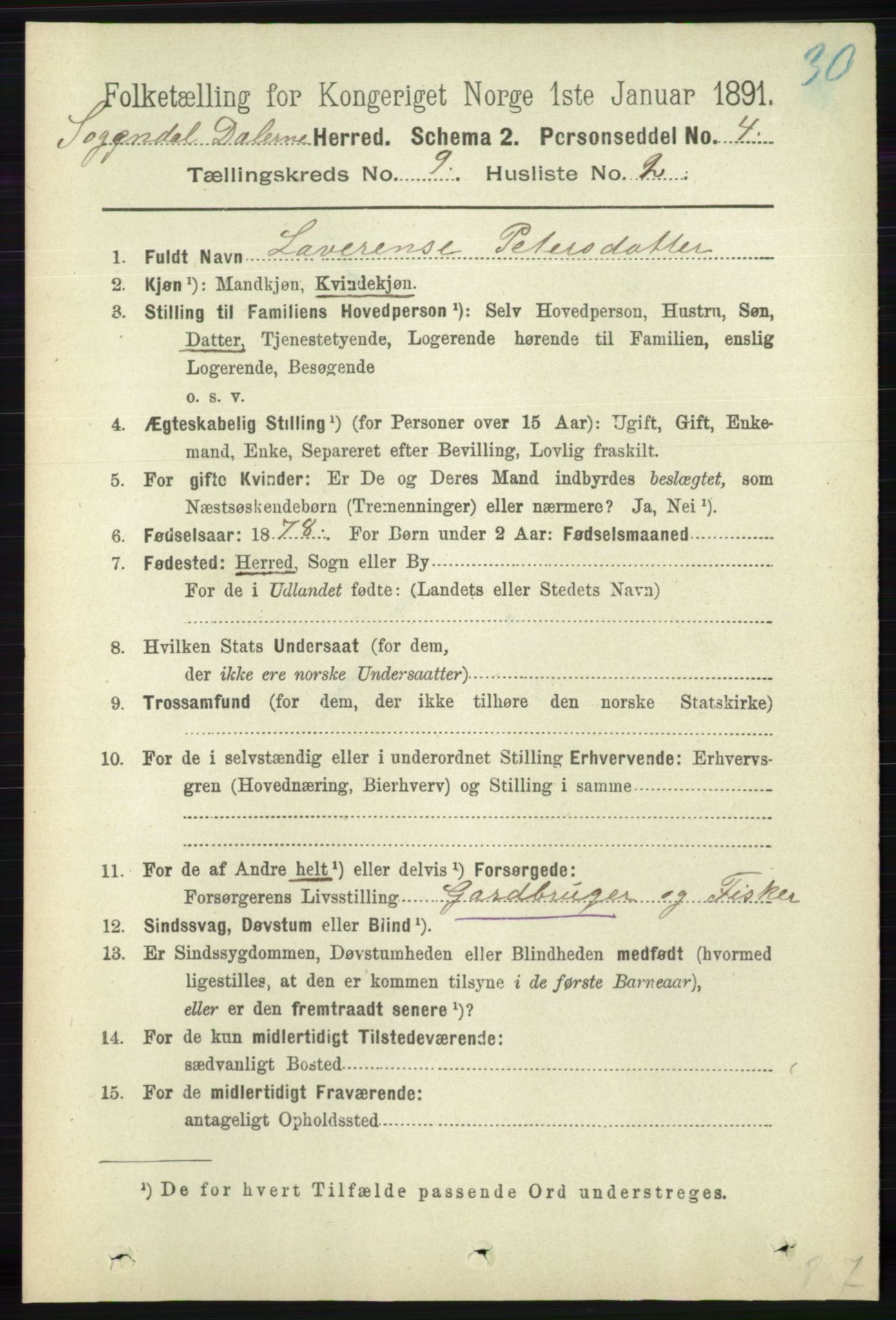 RA, 1891 census for 1111 Sokndal, 1891, p. 3166