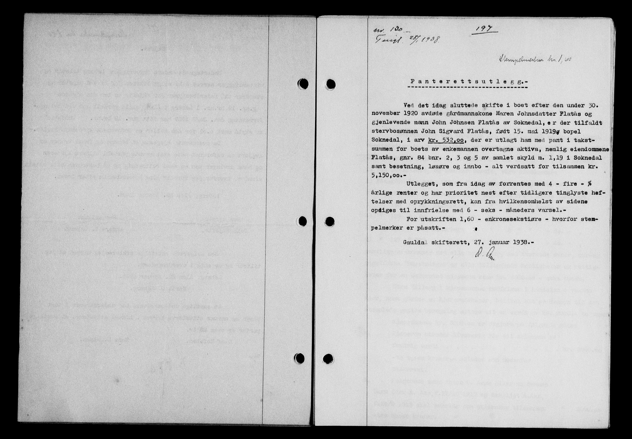 Gauldal sorenskriveri, SAT/A-0014/1/2/2C/L0048: Mortgage book no. 51-52, 1937-1938, p. 197, Diary no: : 130/1938