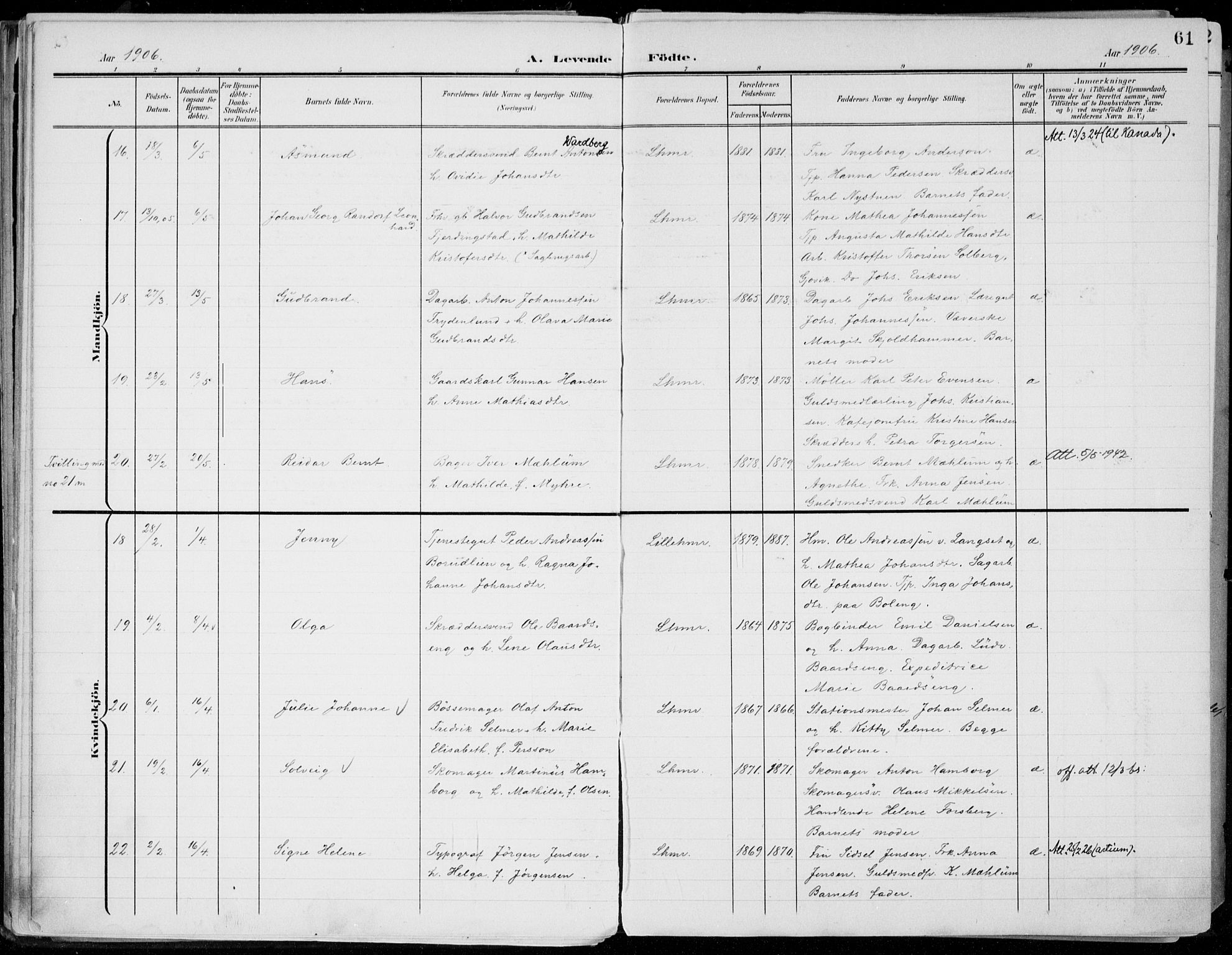 Lillehammer prestekontor, AV/SAH-PREST-088/H/Ha/Haa/L0001: Parish register (official) no. 1, 1901-1916, p. 61