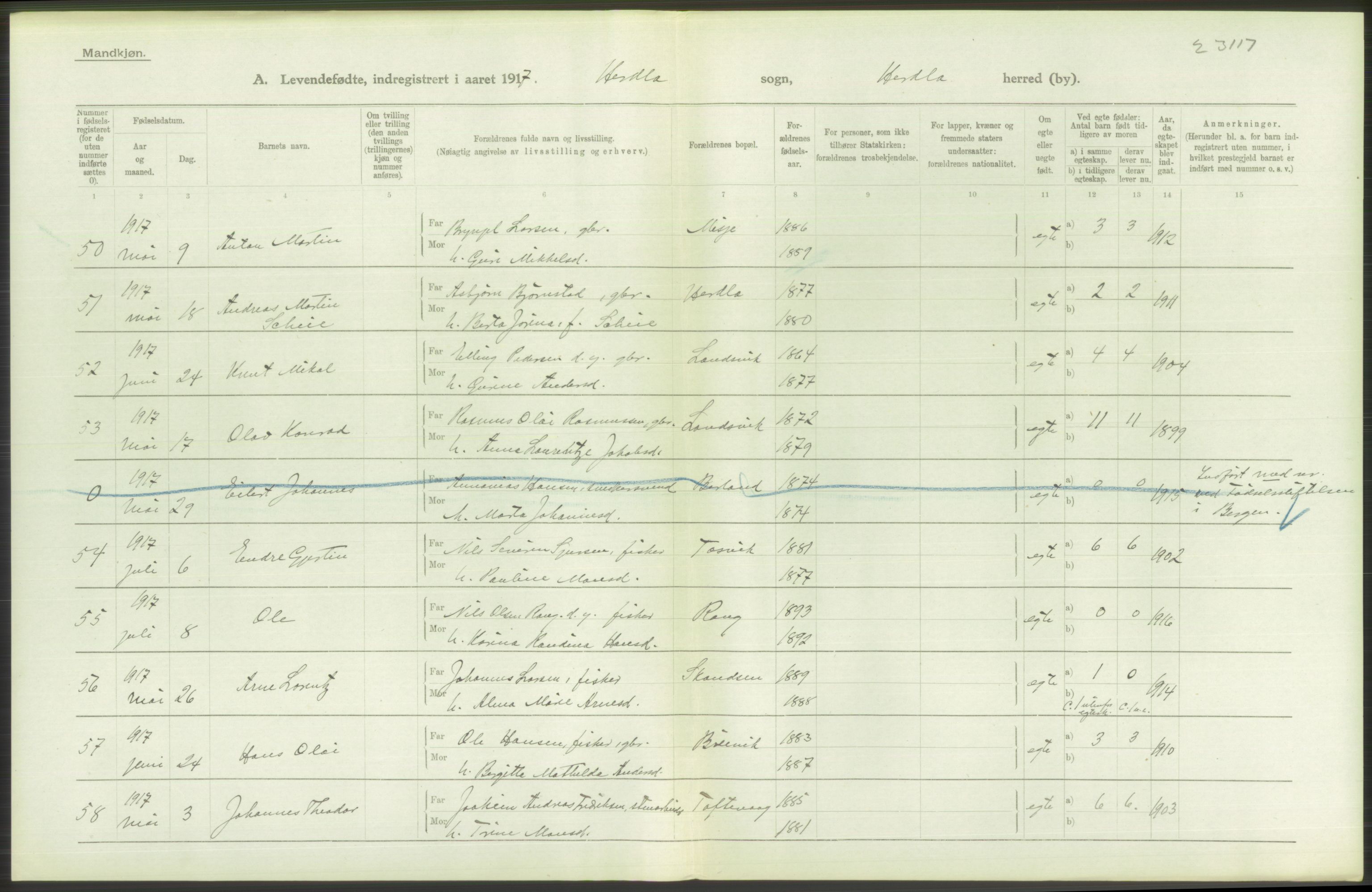 Statistisk sentralbyrå, Sosiodemografiske emner, Befolkning, RA/S-2228/D/Df/Dfb/Dfbg/L0034: S. Bergenhus amt: Levendefødte menn og kvinner. Bygder., 1917, p. 120