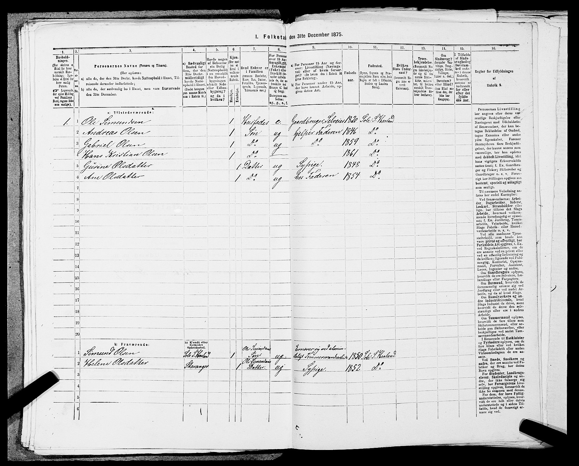 SAST, 1875 census for 1124P Håland, 1875, p. 637