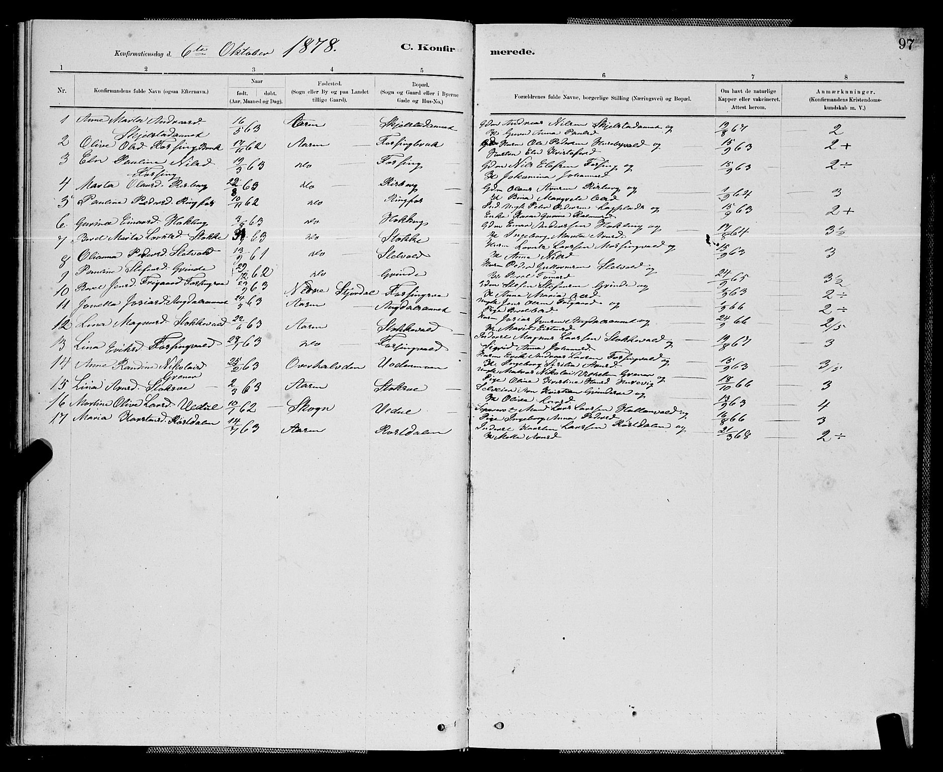 Ministerialprotokoller, klokkerbøker og fødselsregistre - Nord-Trøndelag, SAT/A-1458/714/L0134: Parish register (copy) no. 714C03, 1878-1898, p. 97