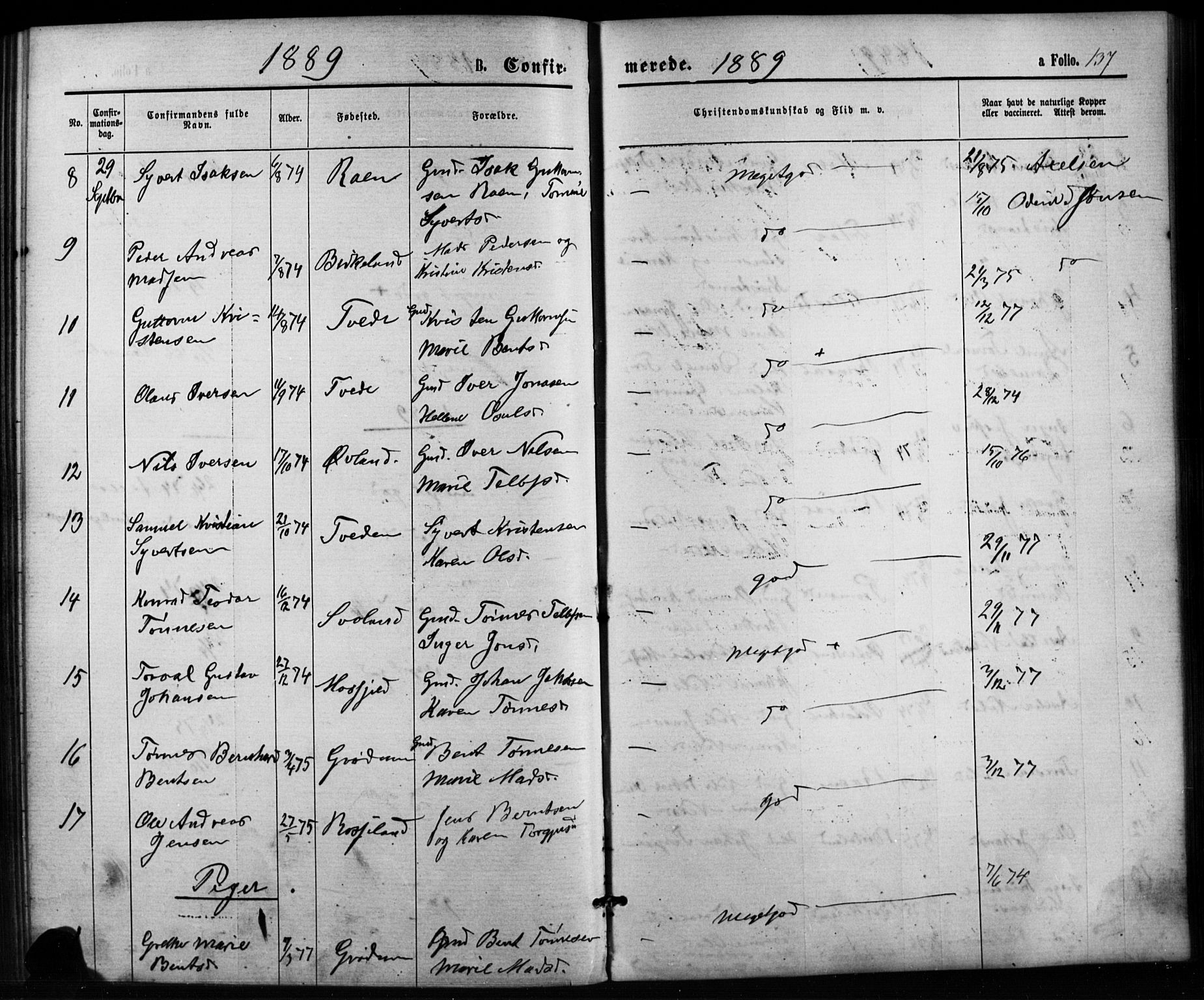 Birkenes sokneprestkontor, SAK/1111-0004/F/Fb/L0003: Parish register (copy) no. B 3, 1876-1892, p. 137