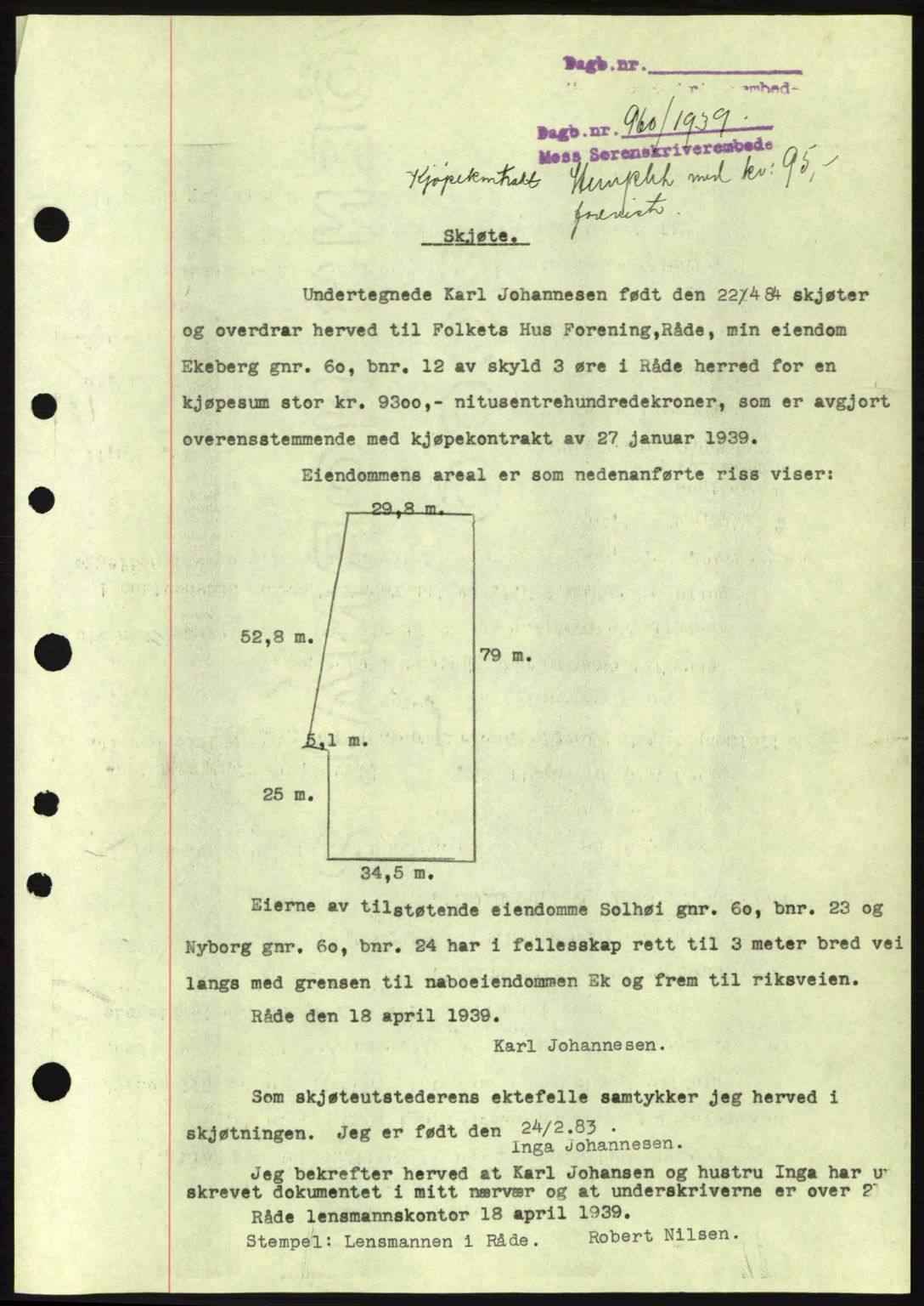 Moss sorenskriveri, SAO/A-10168: Mortgage book no. A5, 1938-1939, Diary no: : 960/1939