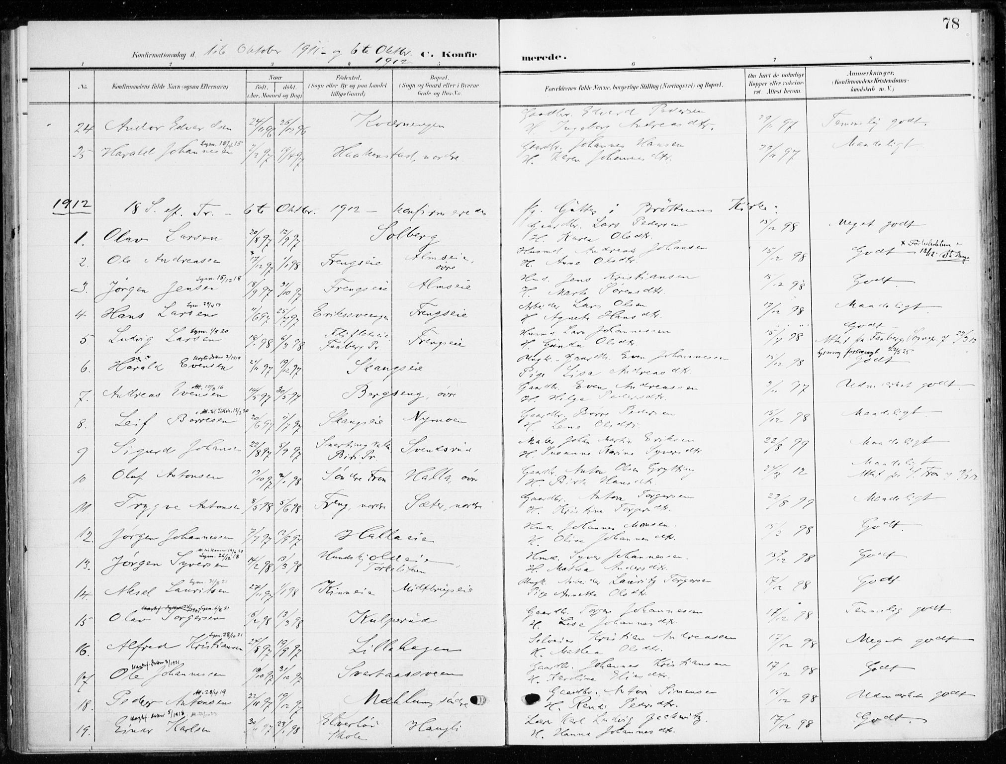 Ringsaker prestekontor, AV/SAH-PREST-014/K/Ka/L0021: Parish register (official) no. 21, 1905-1920, p. 78