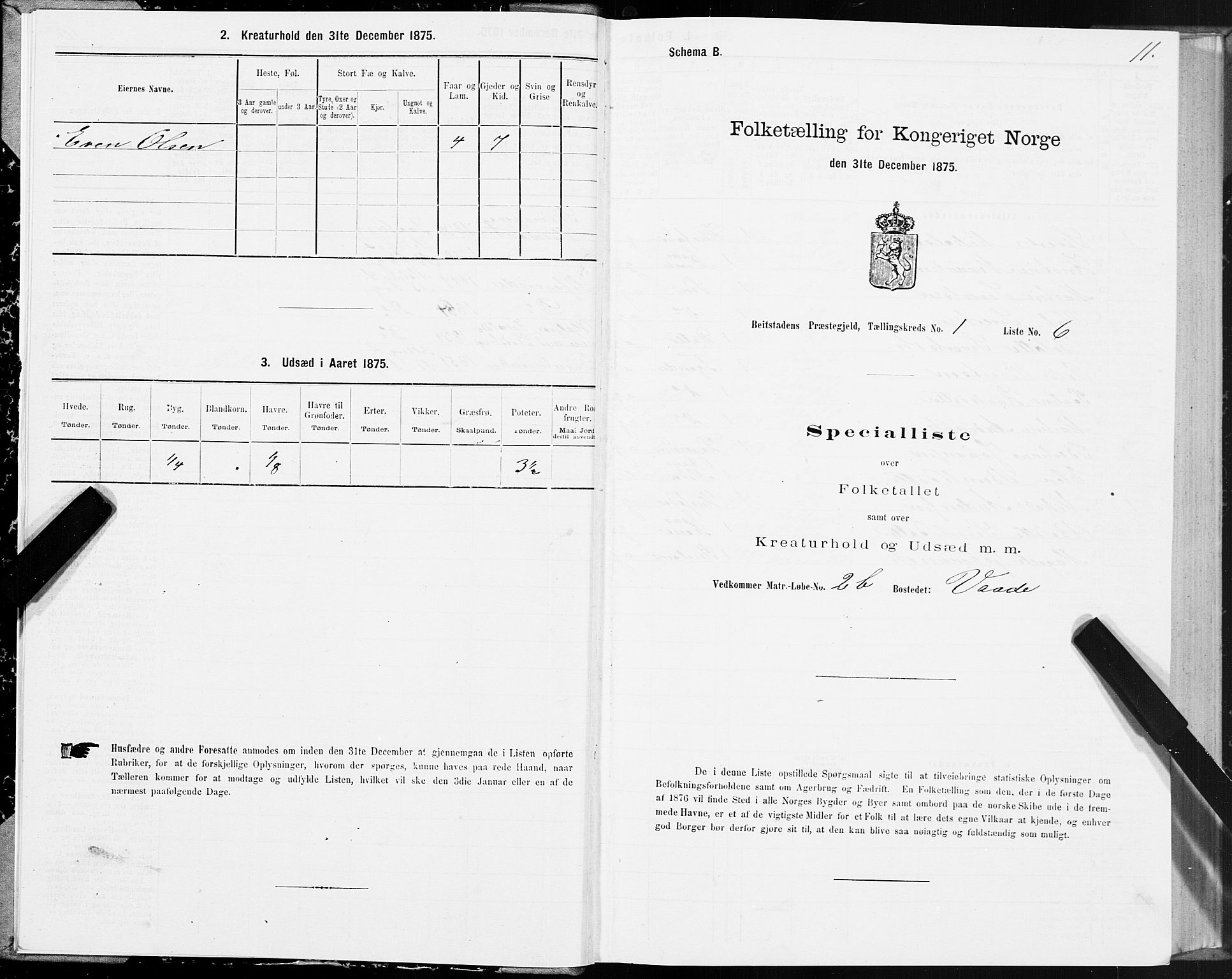 SAT, 1875 census for 1727P Beitstad, 1875, p. 1011