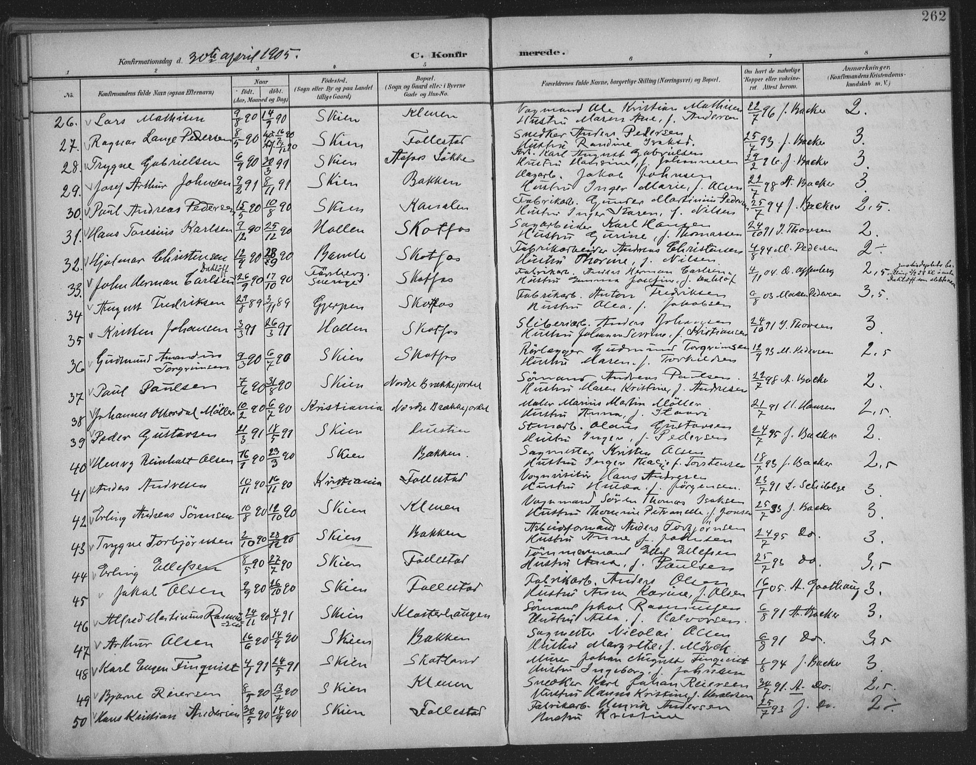 Skien kirkebøker, SAKO/A-302/F/Fa/L0011: Parish register (official) no. 11, 1900-1907, p. 262