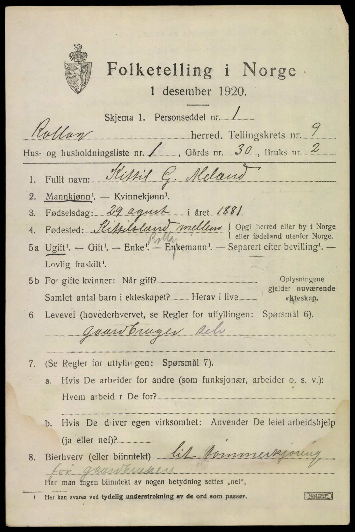 SAKO, 1920 census for Rollag, 1920, p. 3140