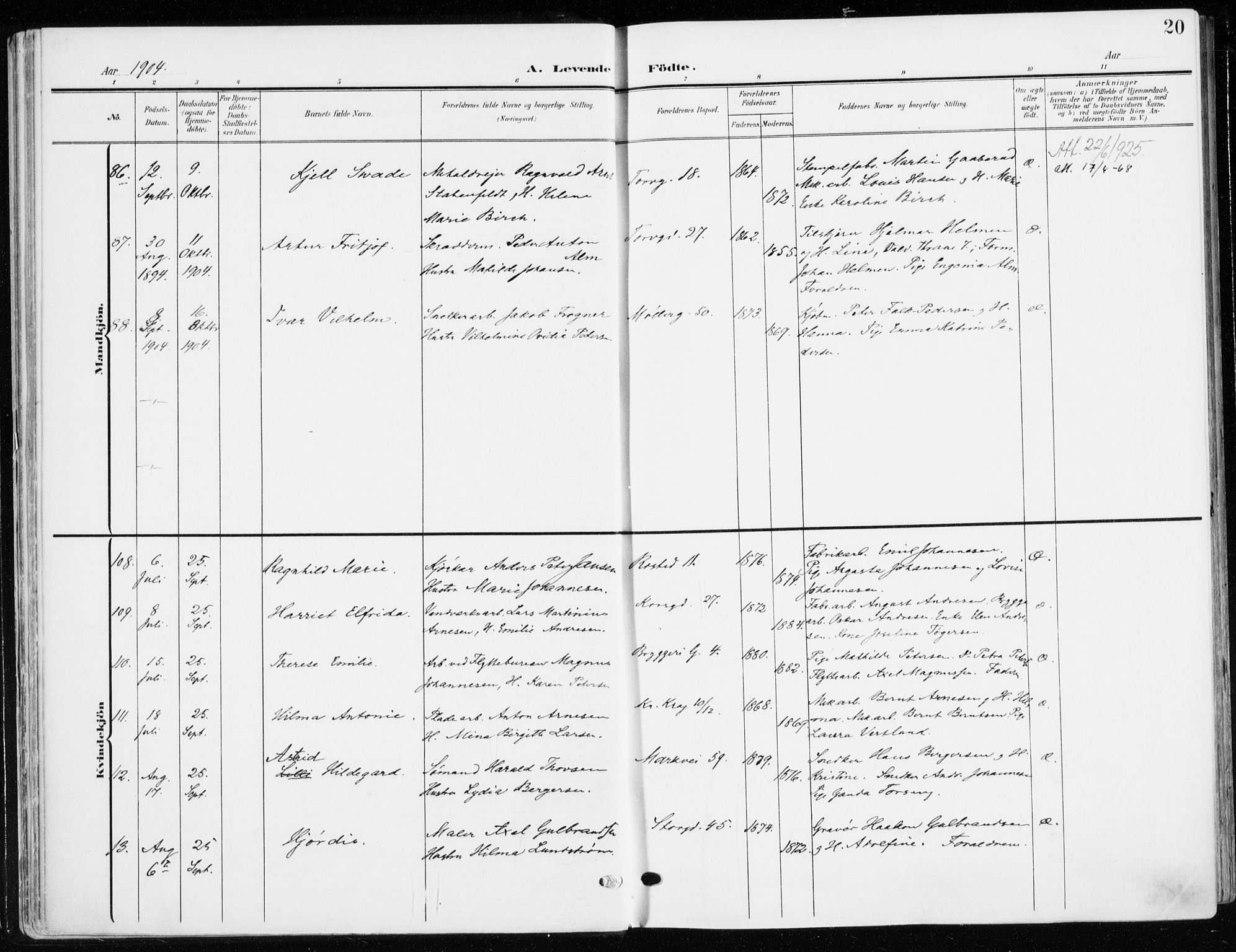 Jakob prestekontor Kirkebøker, SAO/A-10850/F/Fa/L0005b: Parish register (official) no. 5b, 1904-1922, p. 20