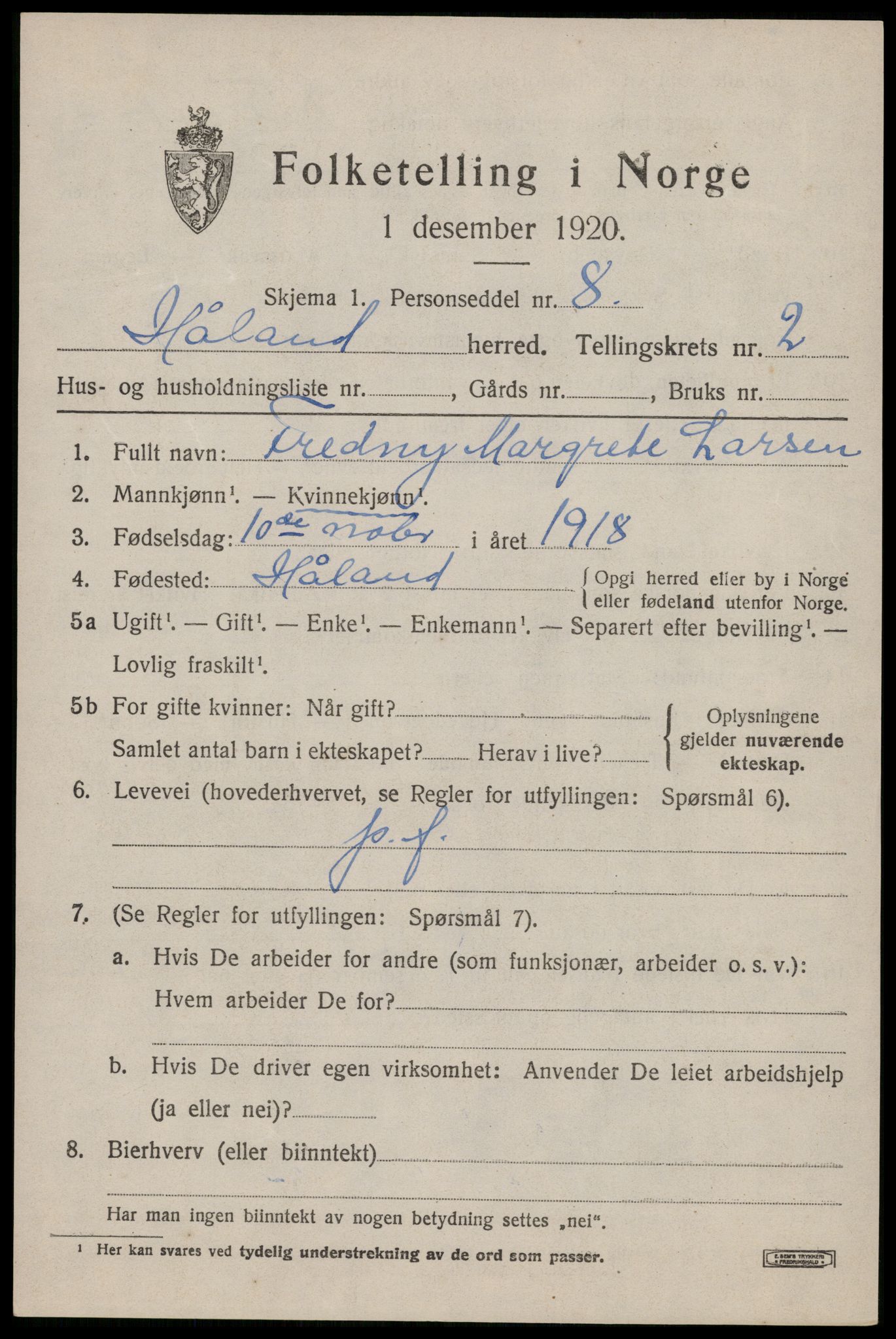 SAST, 1920 census for Håland, 1920, p. 3007