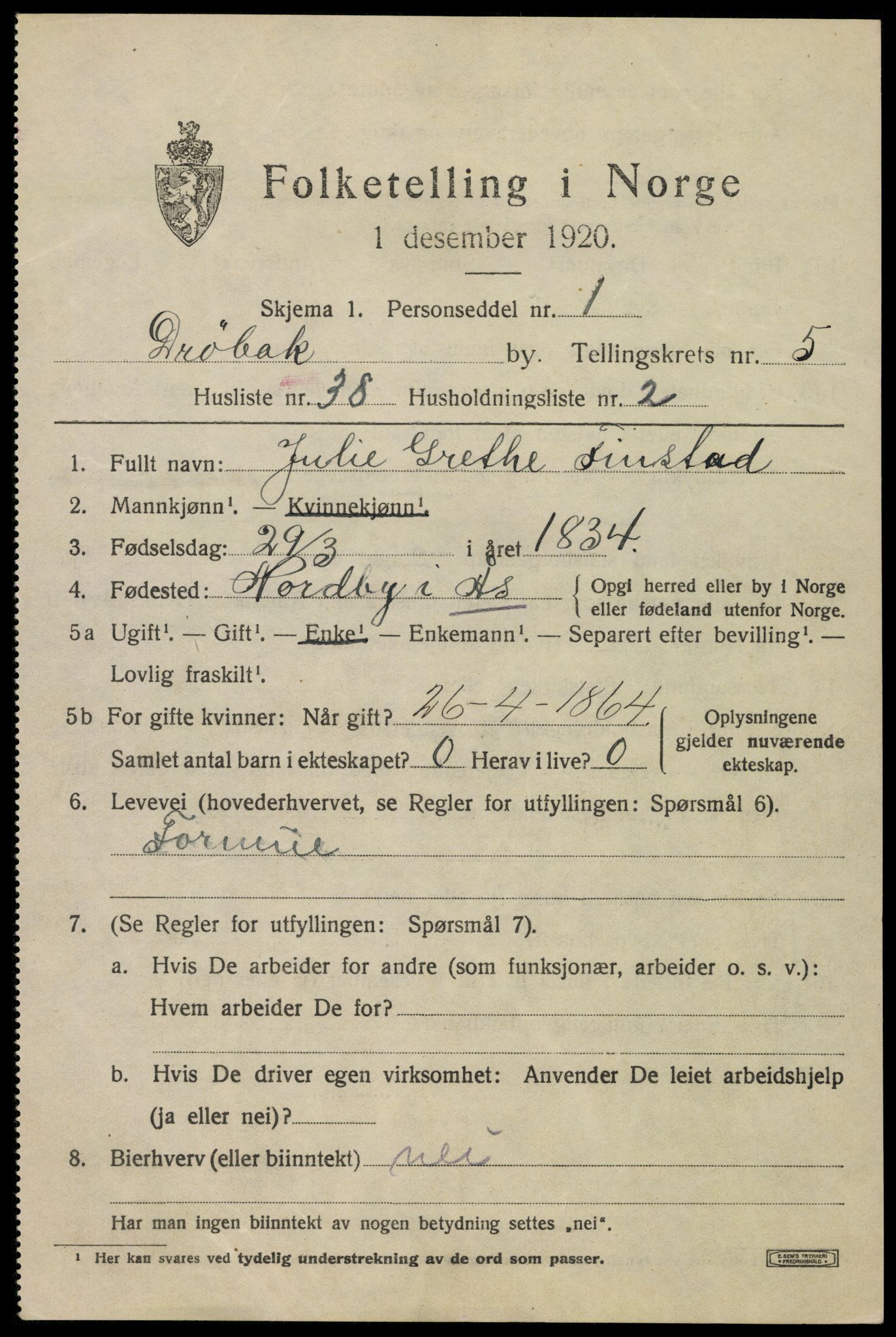 SAO, 1920 census for Drøbak, 1920, p. 4951