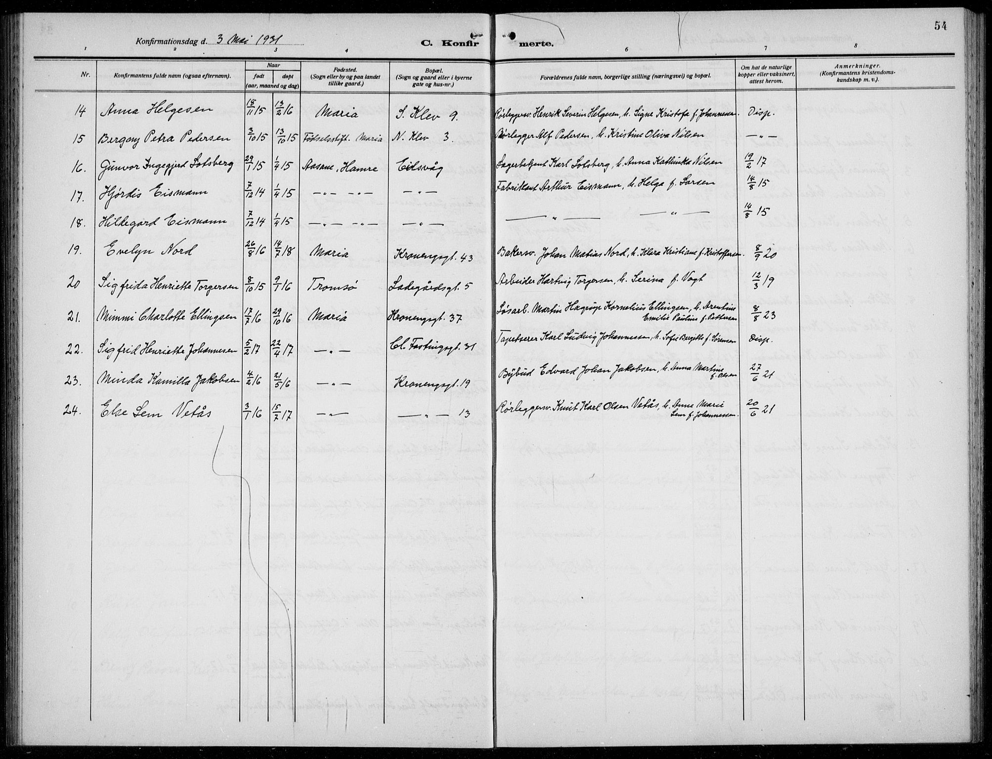 Mariakirken Sokneprestembete, AV/SAB-A-76901/H/Hab/L0010: Parish register (copy) no. A 10, 1920-1937, p. 54