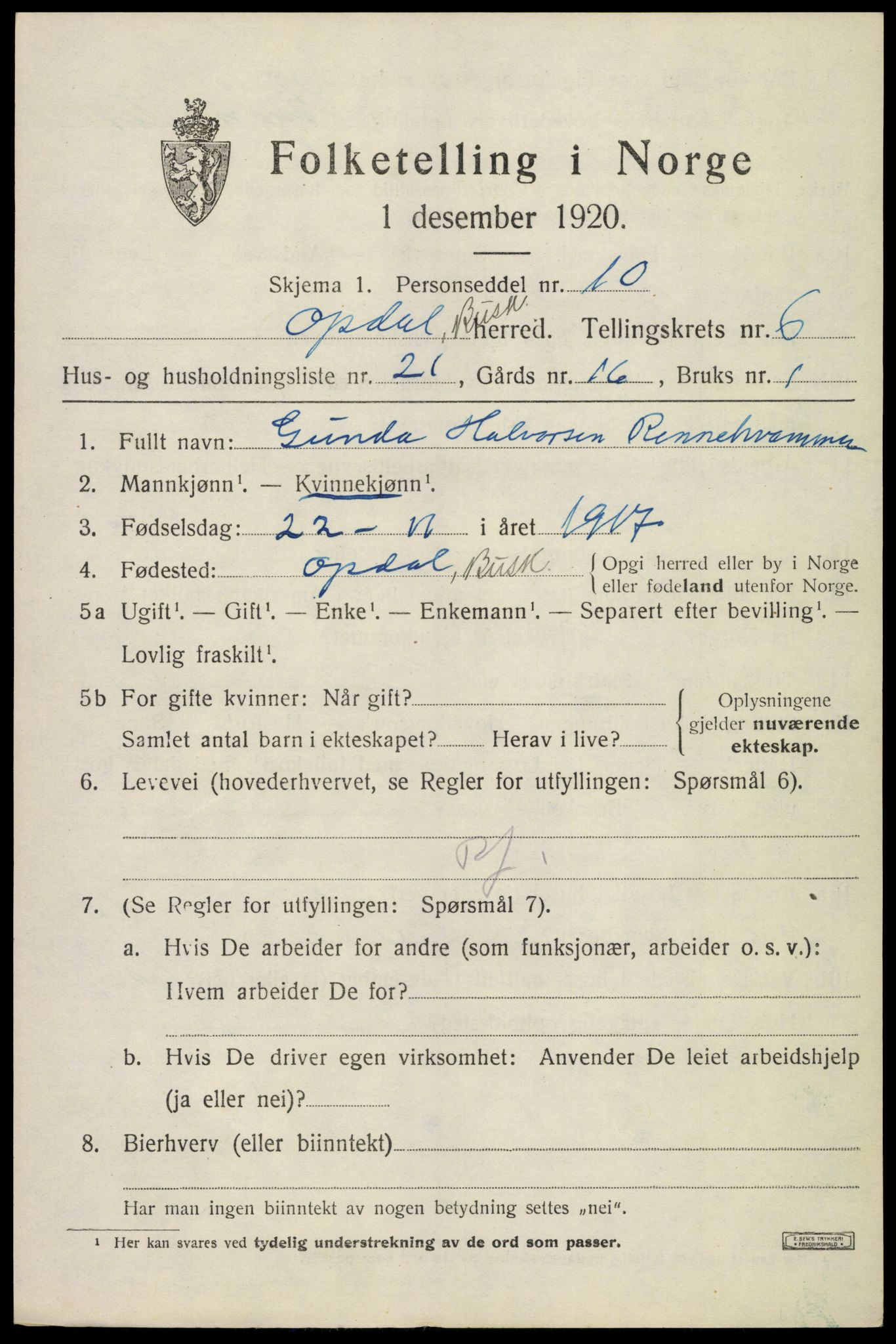 SAKO, 1920 census for Uvdal, 1920, p. 2735