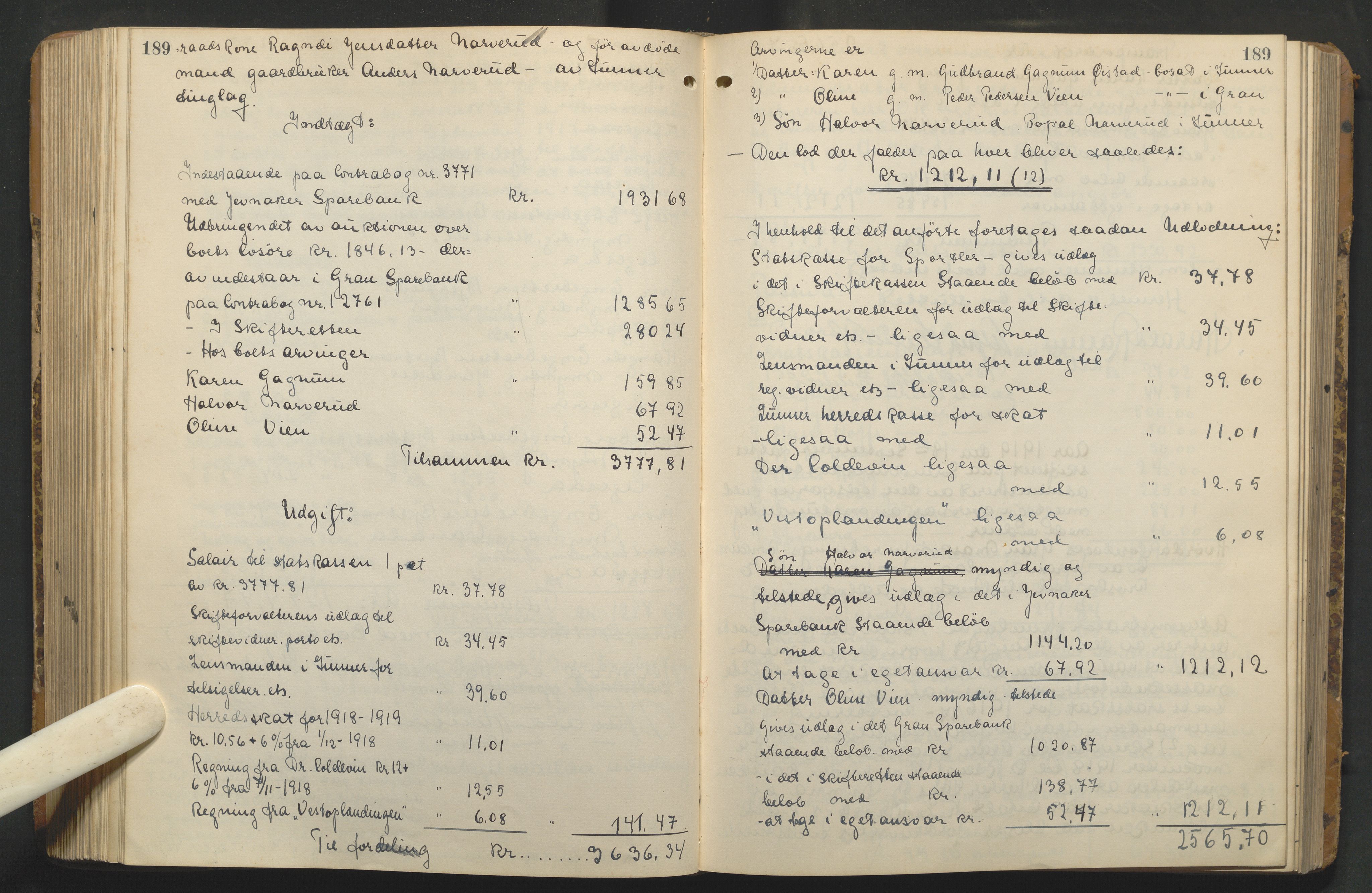 Hadeland og Land tingrett, AV/SAH-TING-010/J/Jd/L0005: Skifteutlodningsprotokoll, 1913-1924, p. 189