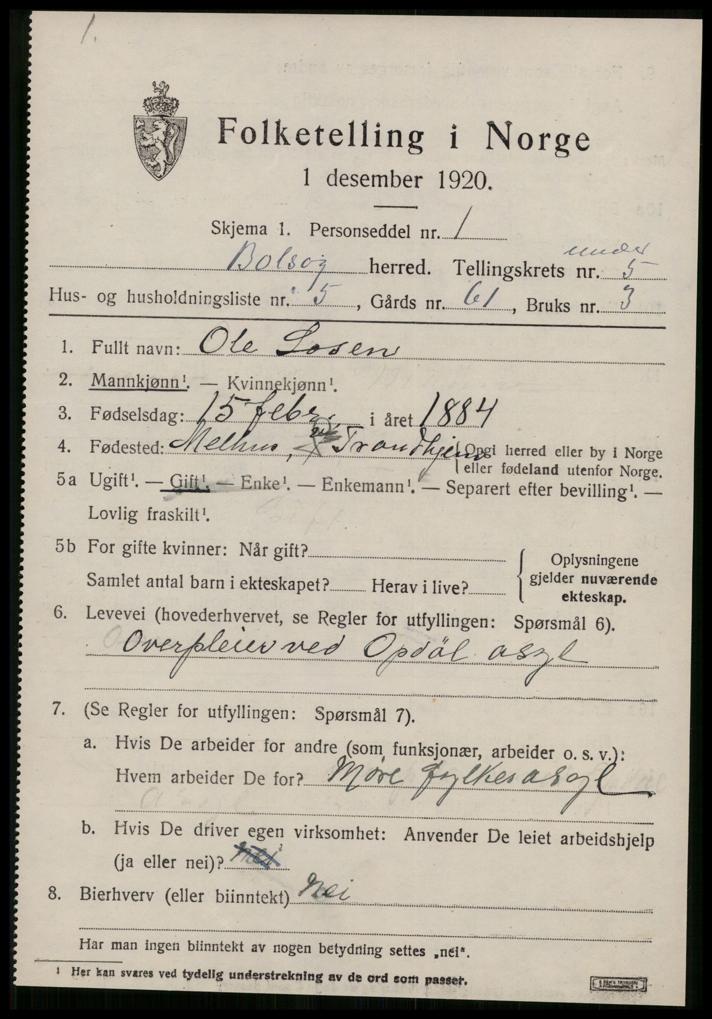 SAT, 1920 census for Bolsøy, 1920, p. 7195