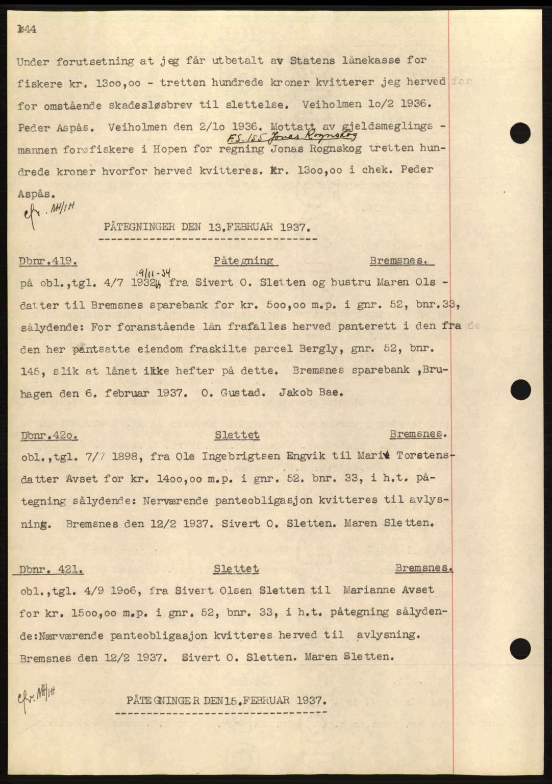 Nordmøre sorenskriveri, AV/SAT-A-4132/1/2/2Ca: Mortgage book no. C80, 1936-1939, Diary no: : 419/1937