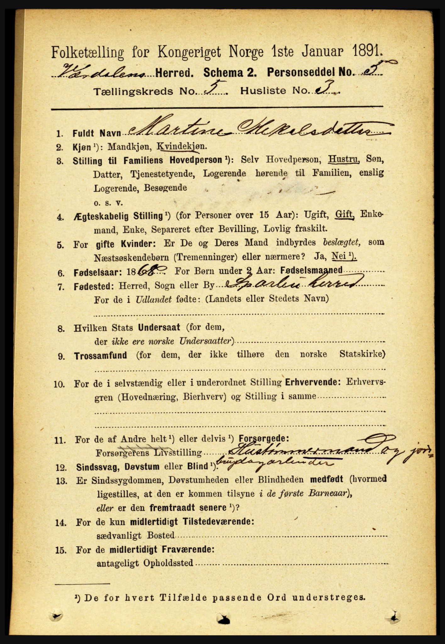 RA, 1891 census for 1721 Verdal, 1891, p. 3008