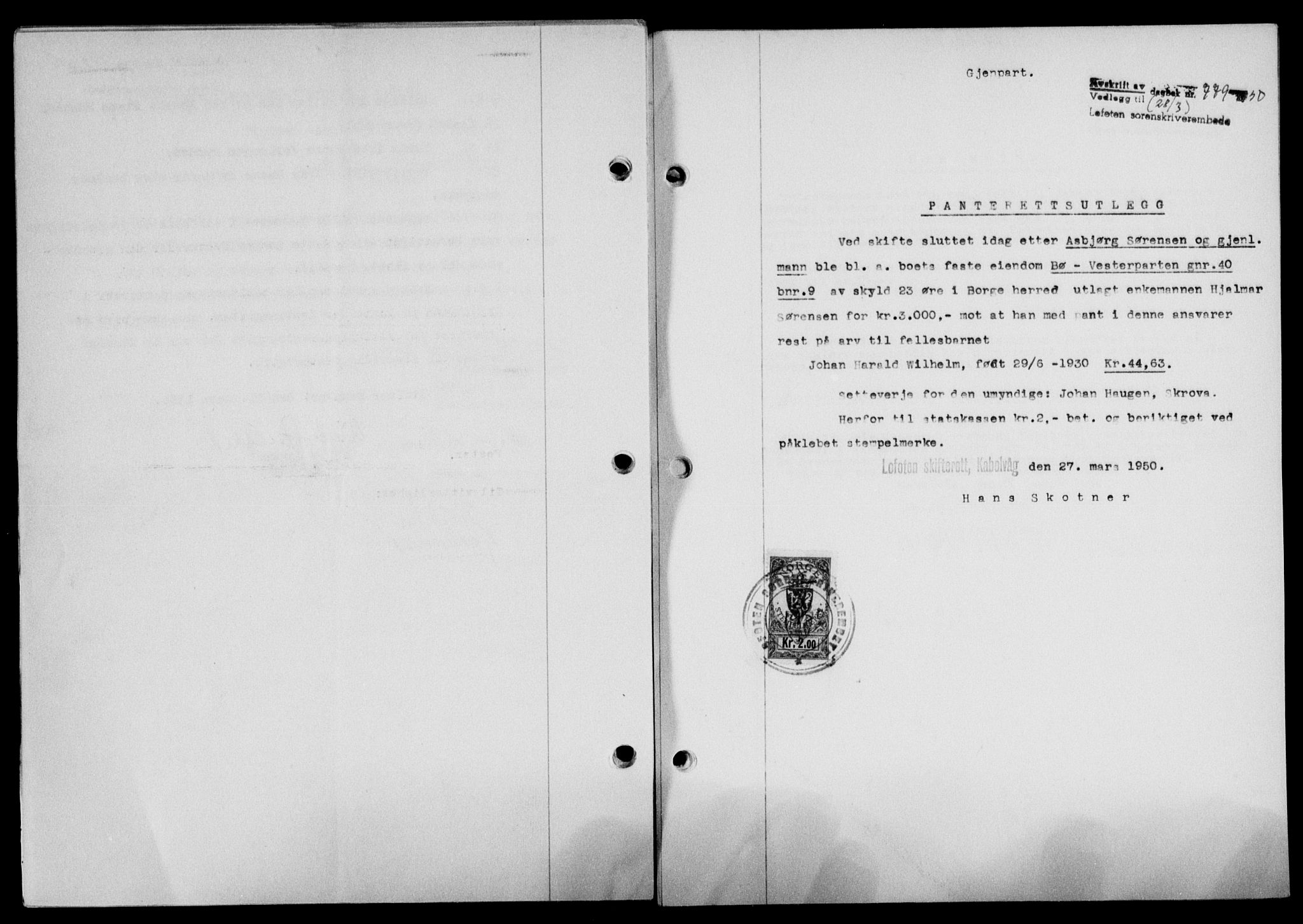 Lofoten sorenskriveri, SAT/A-0017/1/2/2C/L0023a: Mortgage book no. 23a, 1950-1950, Diary no: : 779/1950