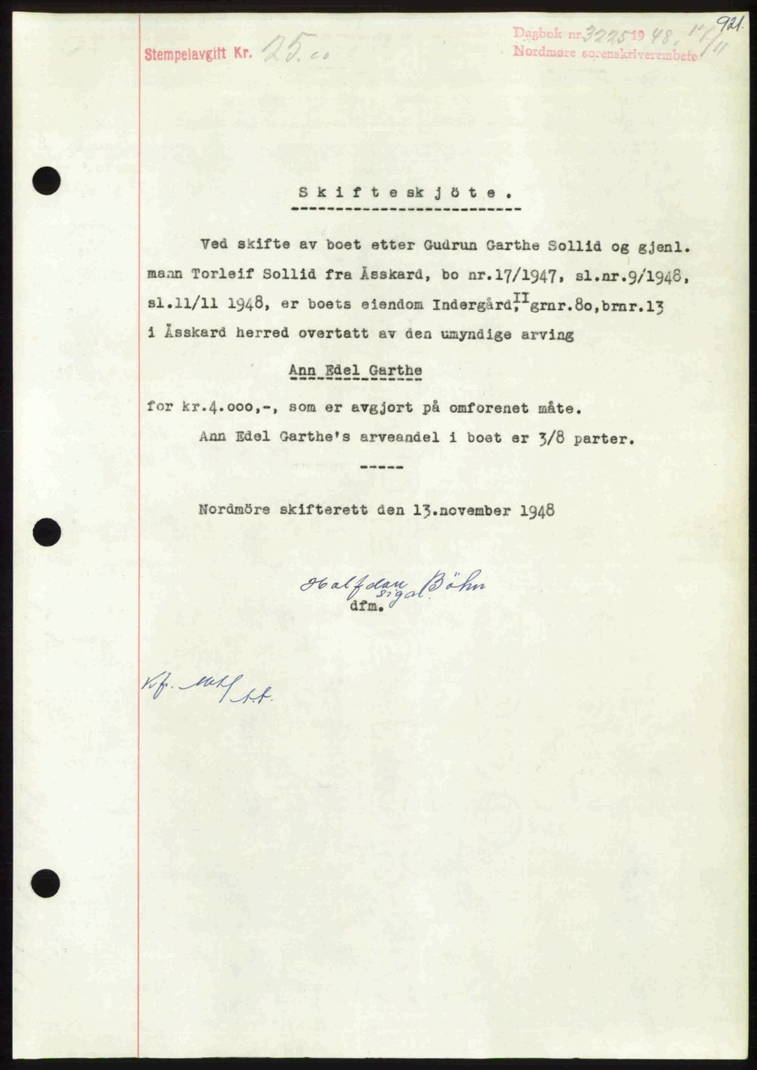 Nordmøre sorenskriveri, AV/SAT-A-4132/1/2/2Ca: Mortgage book no. A109, 1948-1948, Diary no: : 3225/1948