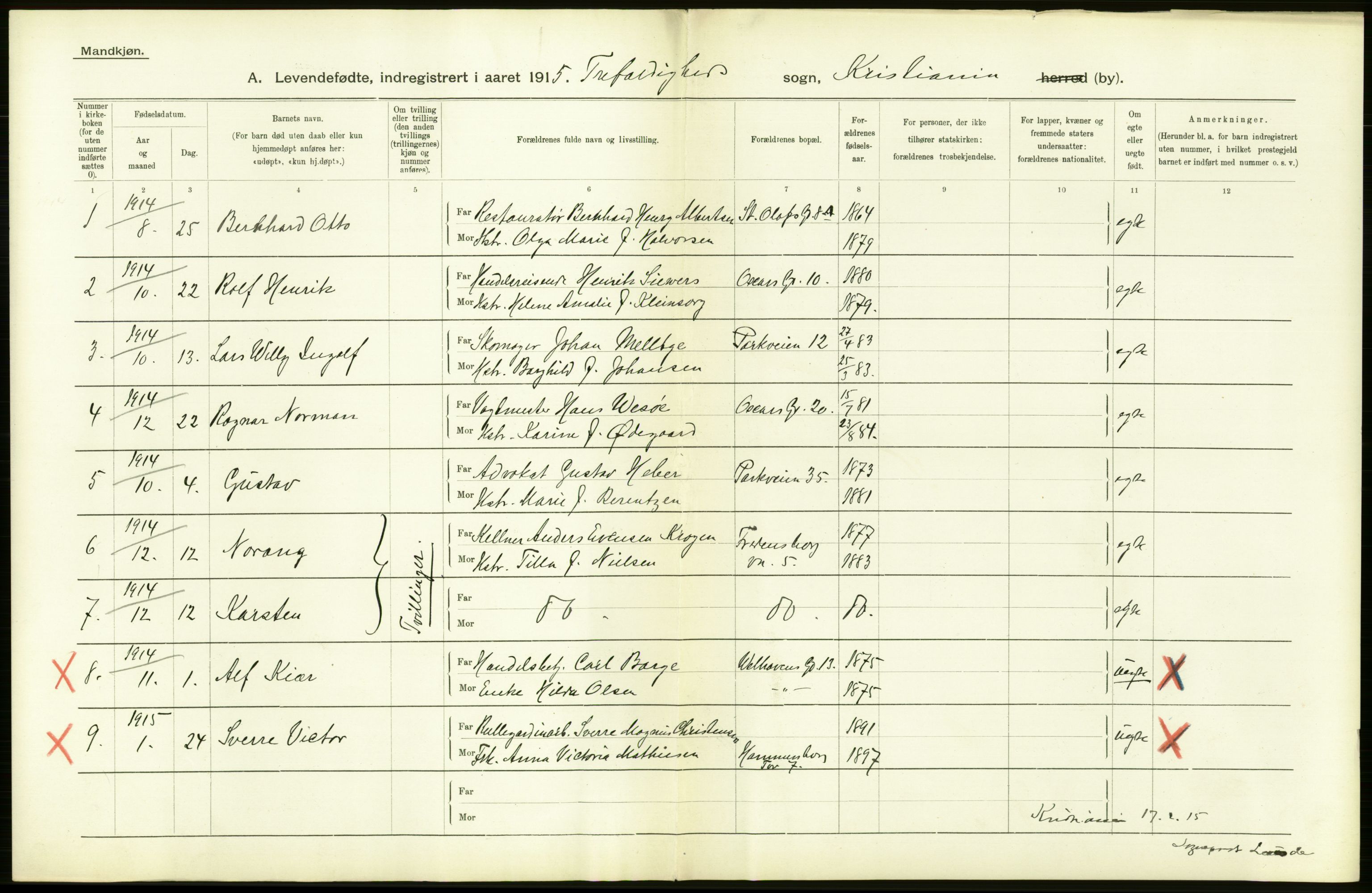 Statistisk sentralbyrå, Sosiodemografiske emner, Befolkning, AV/RA-S-2228/D/Df/Dfb/Dfbe/L0007: Kristiania: Levendefødte menn og kvinner., 1915, p. 398