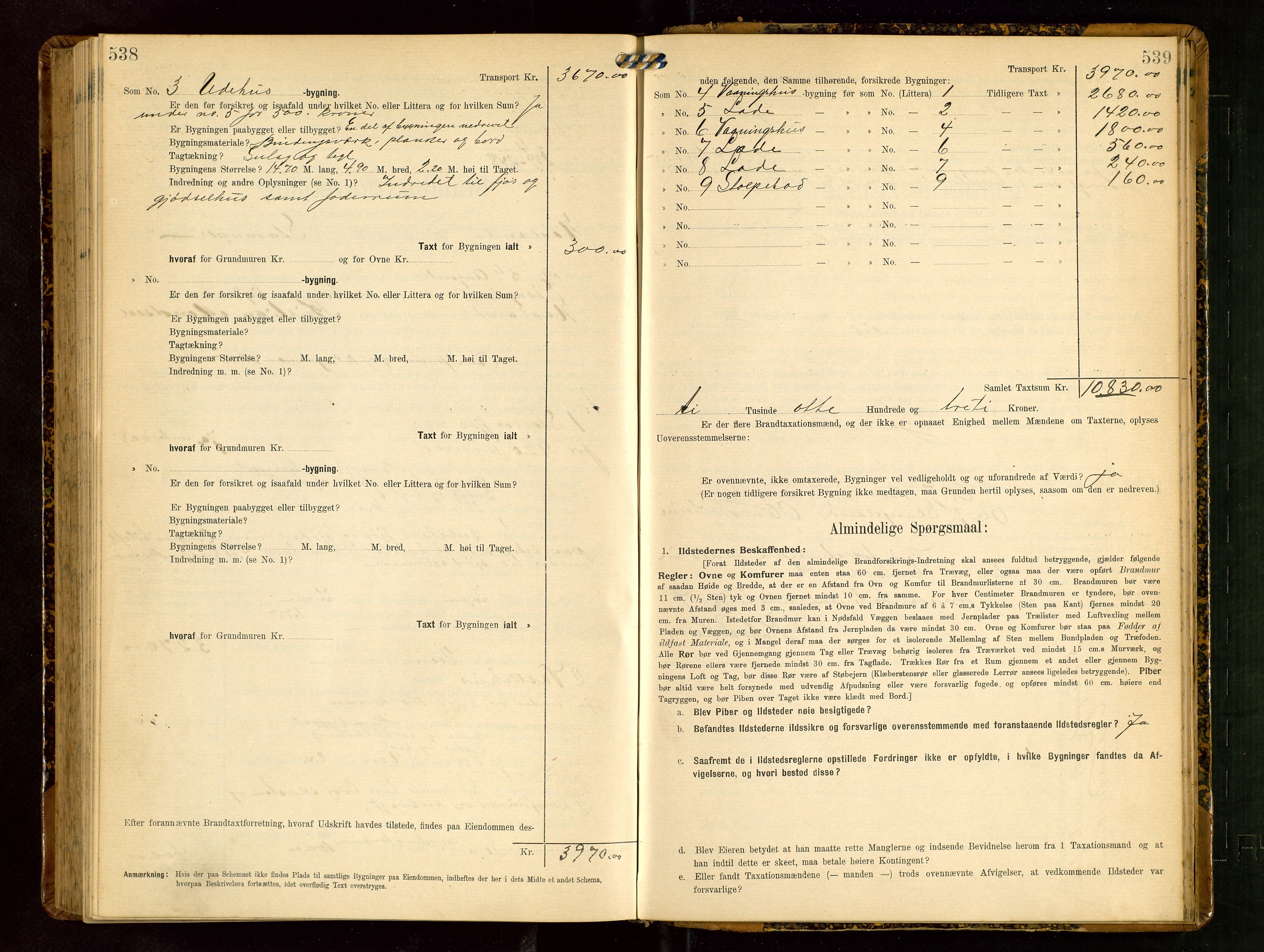 Håland lensmannskontor, AV/SAST-A-100100/Gob/L0003: Branntakstprotokoll - skjematakst. Register i boken., 1909-1910, p. 538-539