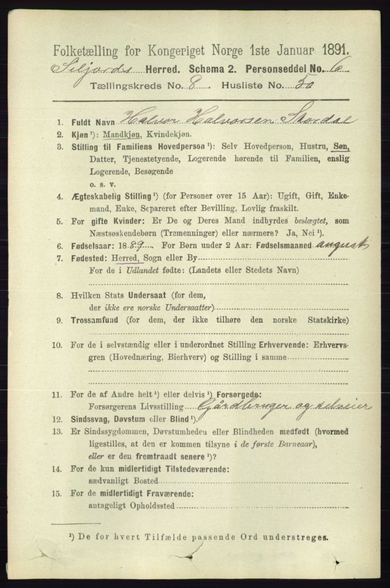 RA, 1891 census for 0828 Seljord, 1891, p. 3122