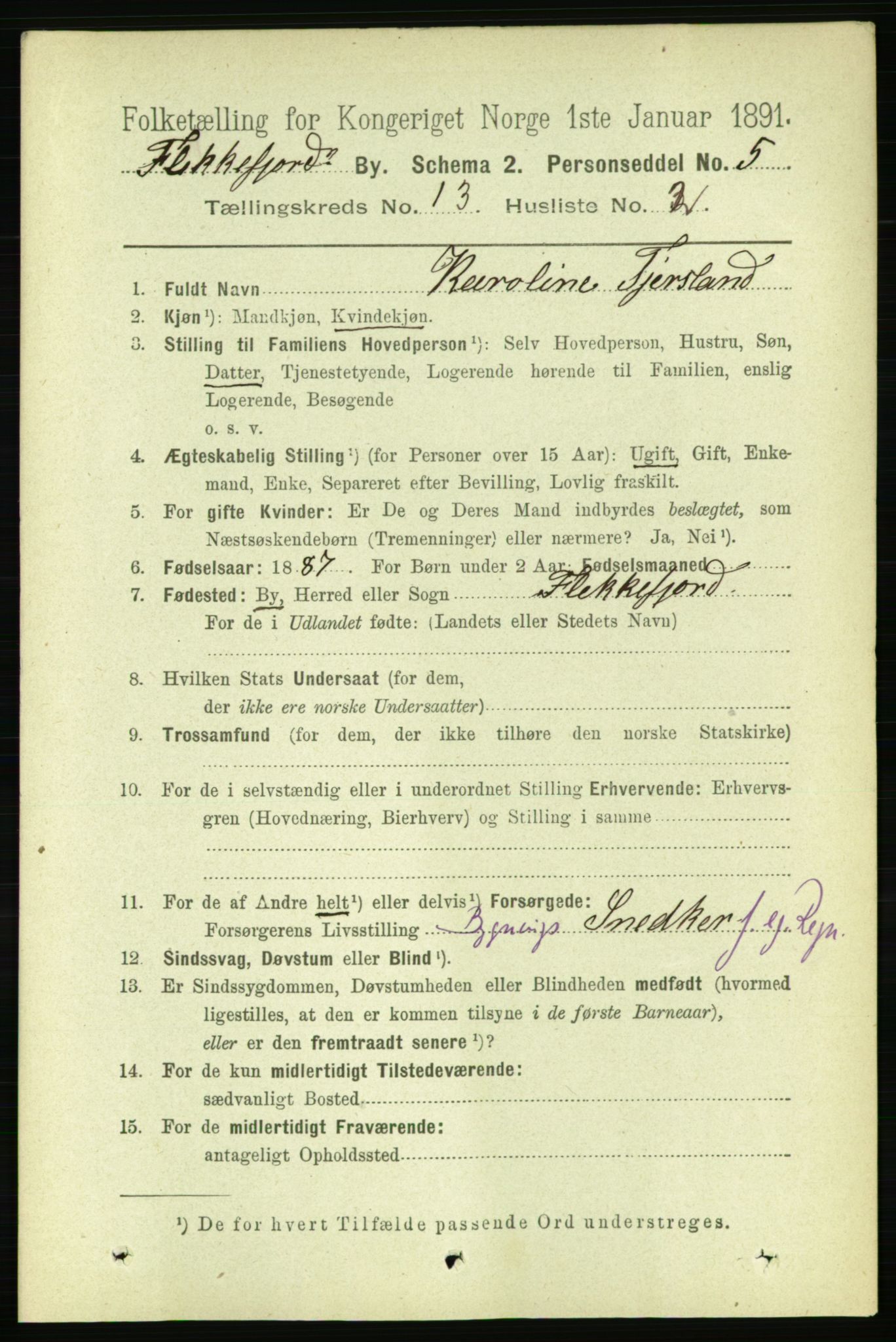 RA, 1891 census for 1004 Flekkefjord, 1891, p. 1786