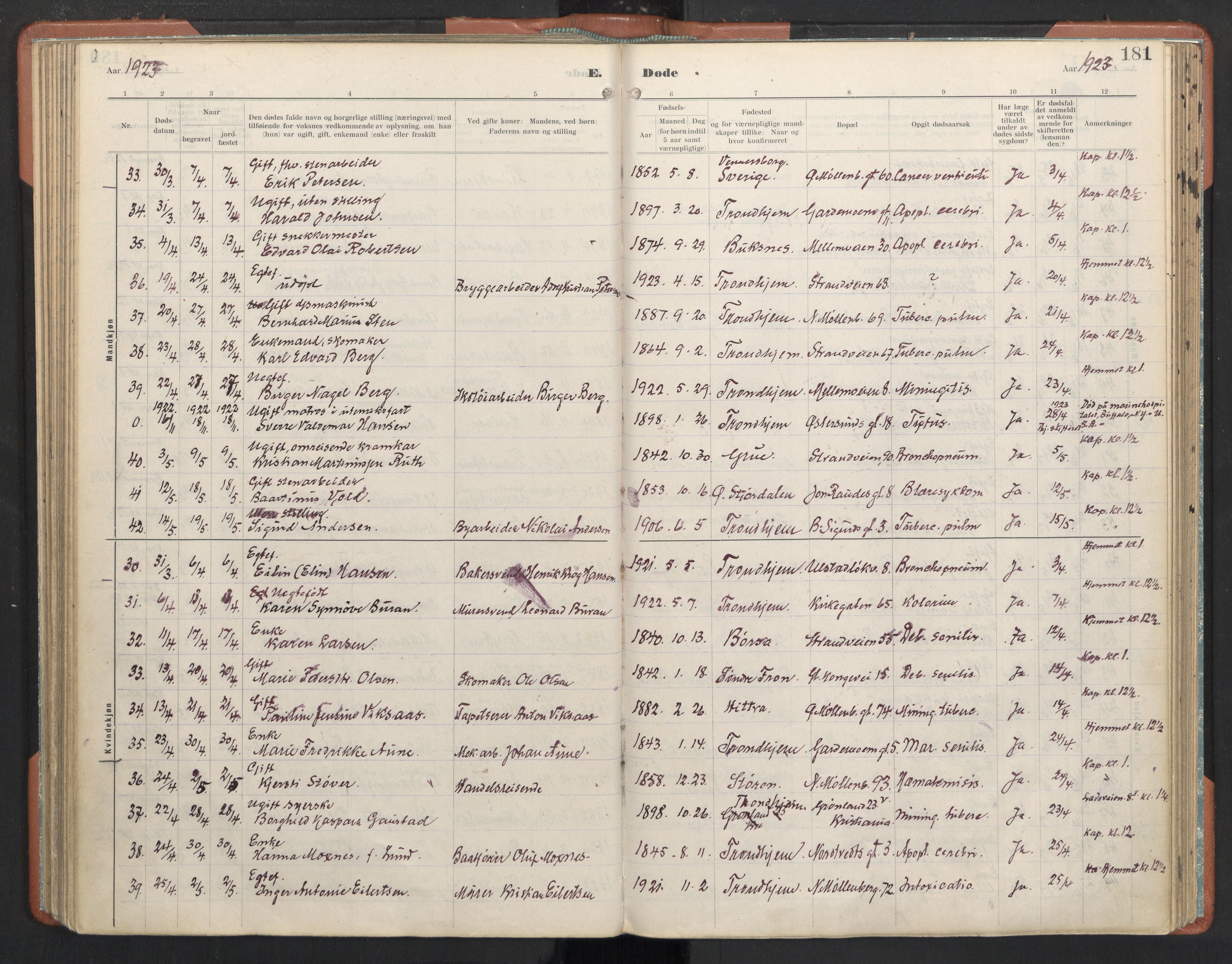 Ministerialprotokoller, klokkerbøker og fødselsregistre - Sør-Trøndelag, AV/SAT-A-1456/605/L0245: Parish register (official) no. 605A07, 1916-1938, p. 181