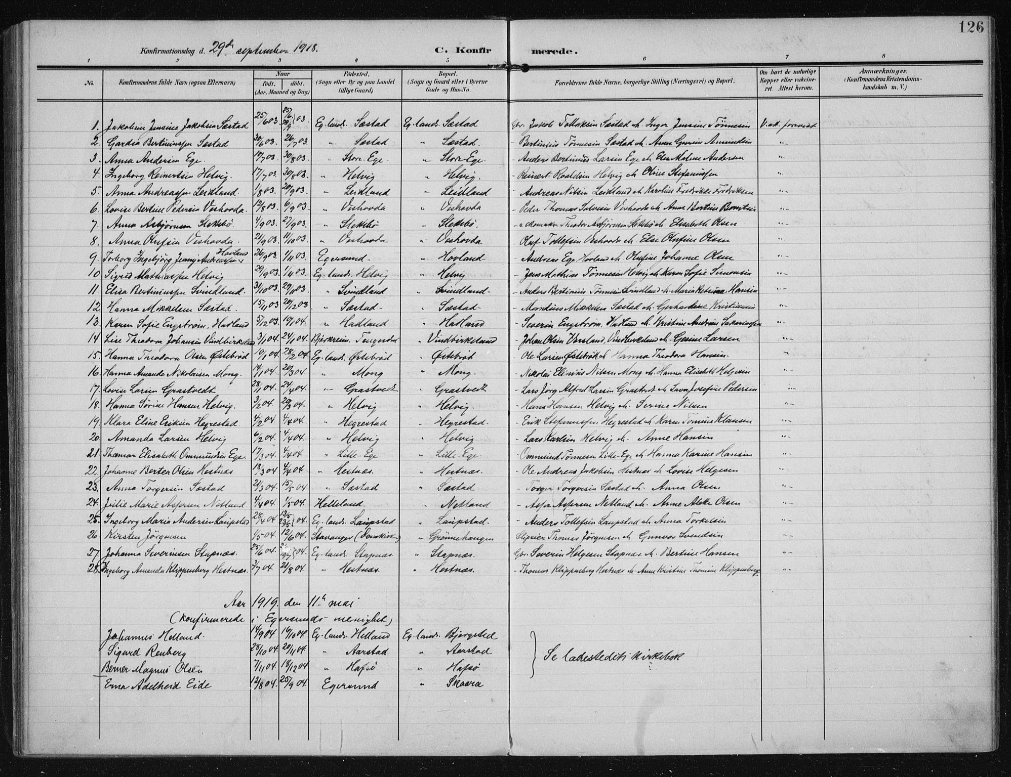 Eigersund sokneprestkontor, AV/SAST-A-101807/001/30/30BA/L0021: Parish register (official) no. A 20, 1906-1928, p. 126