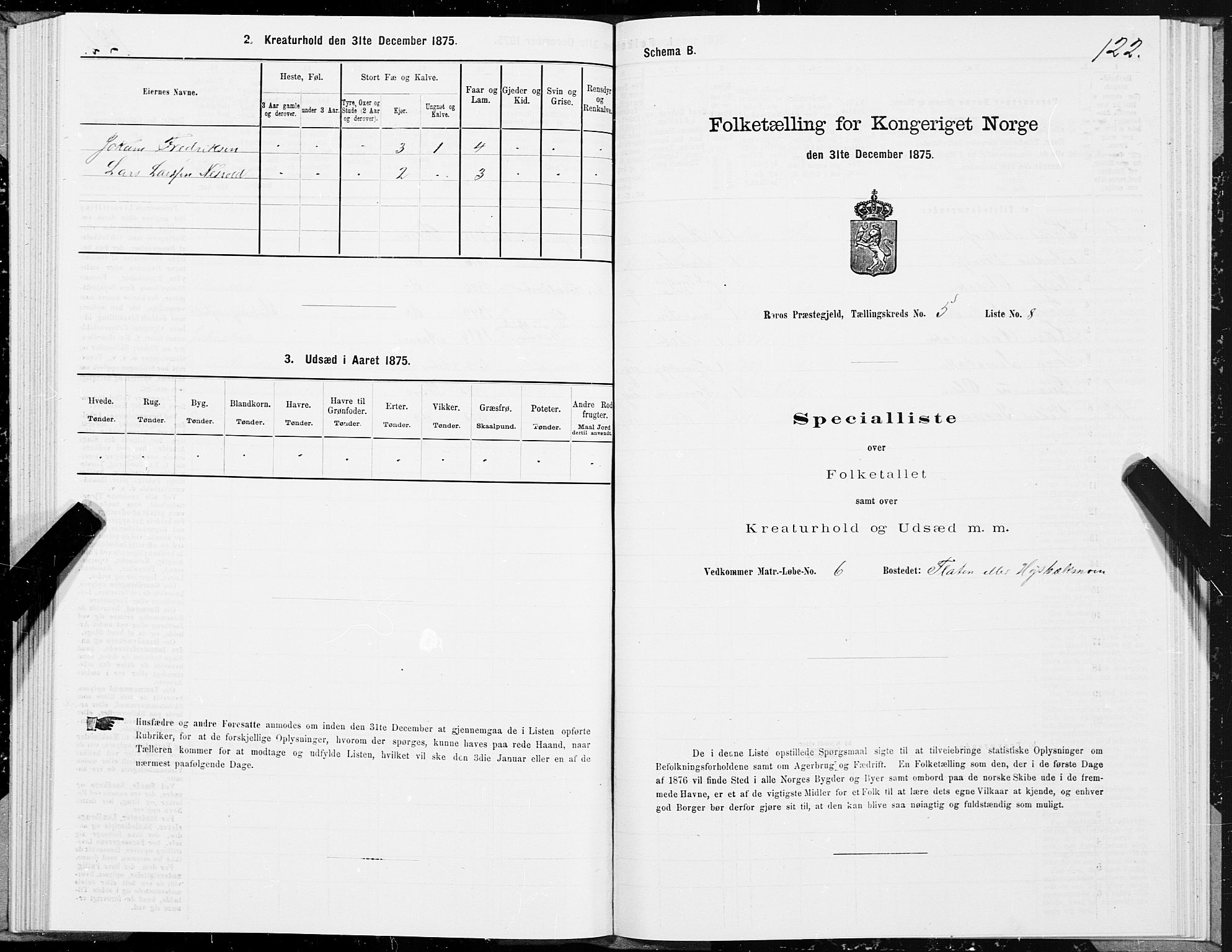 SAT, 1875 census for 1640P Røros, 1875, p. 3122