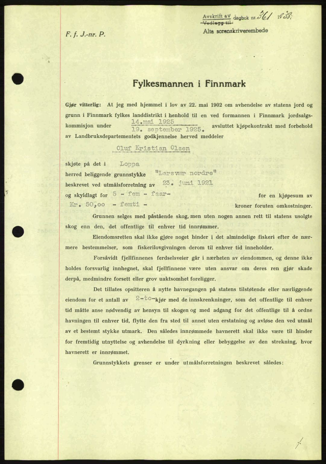 Alta fogderi/sorenskriveri, SATØ/SATØ-5/1/K/Kd/L0031pantebok: Mortgage book no. 31, 1938-1939, Diary no: : 361/1938