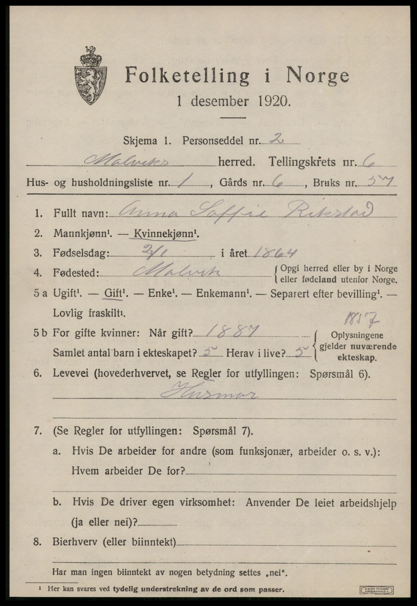 SAT, 1920 census for Malvik, 1920, p. 5326