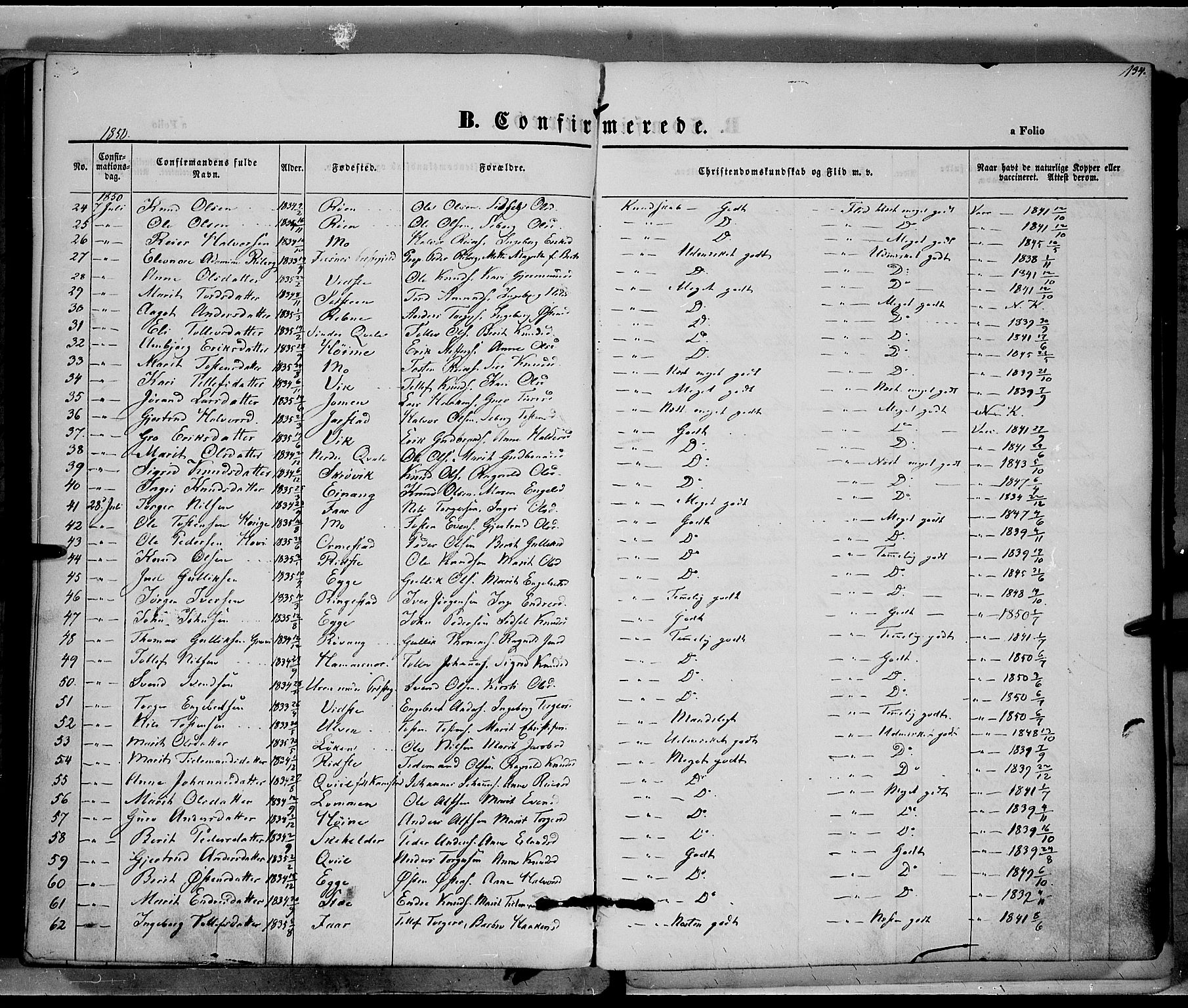 Vestre Slidre prestekontor, SAH/PREST-136/H/Ha/Haa/L0001: Parish register (official) no. 1, 1844-1855, p. 134
