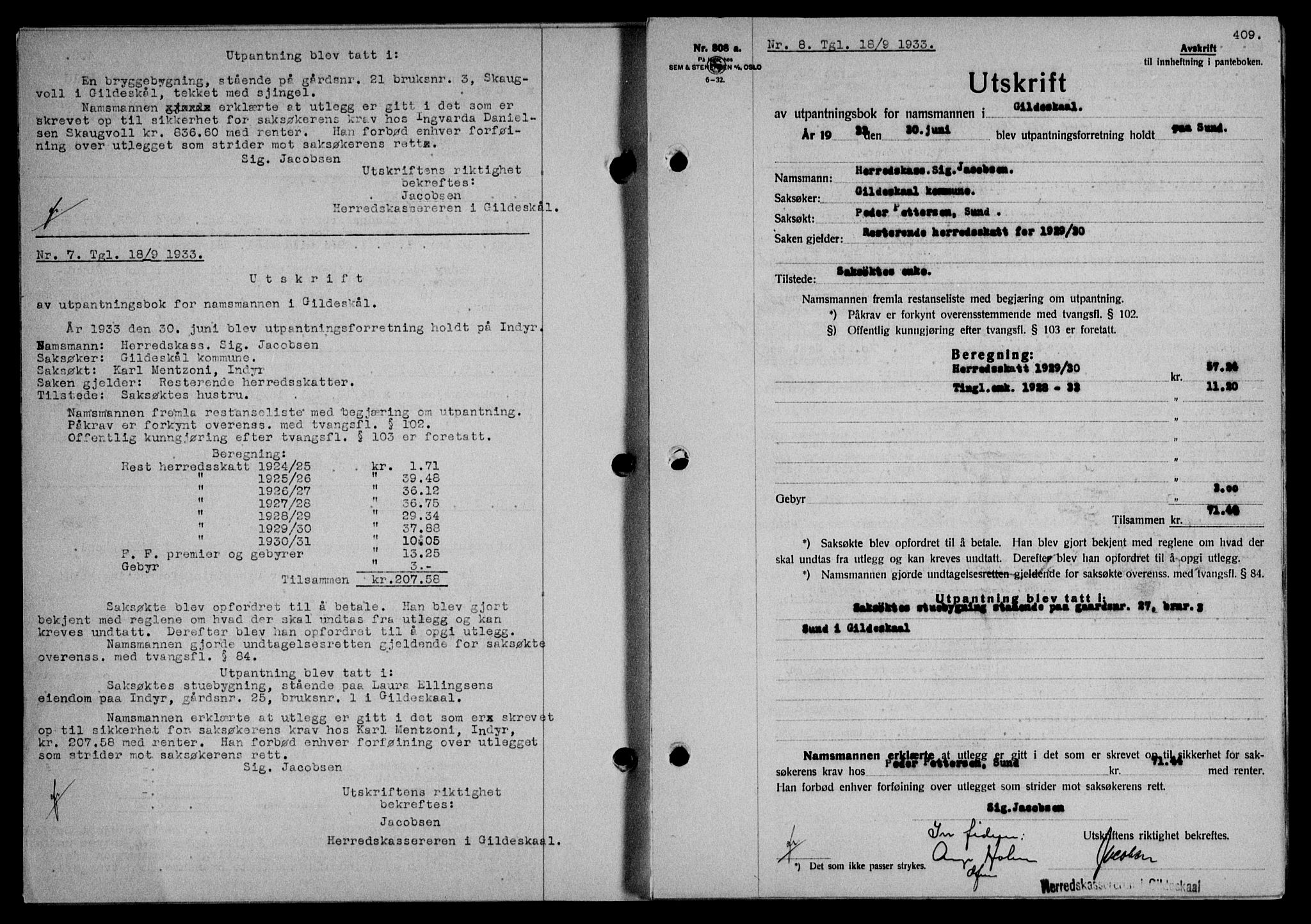 Salten sorenskriveri, SAT/A-4578/1/2/2C/L0063: Mortgage book no. 53, 1933-1933, Deed date: 18.09.1933