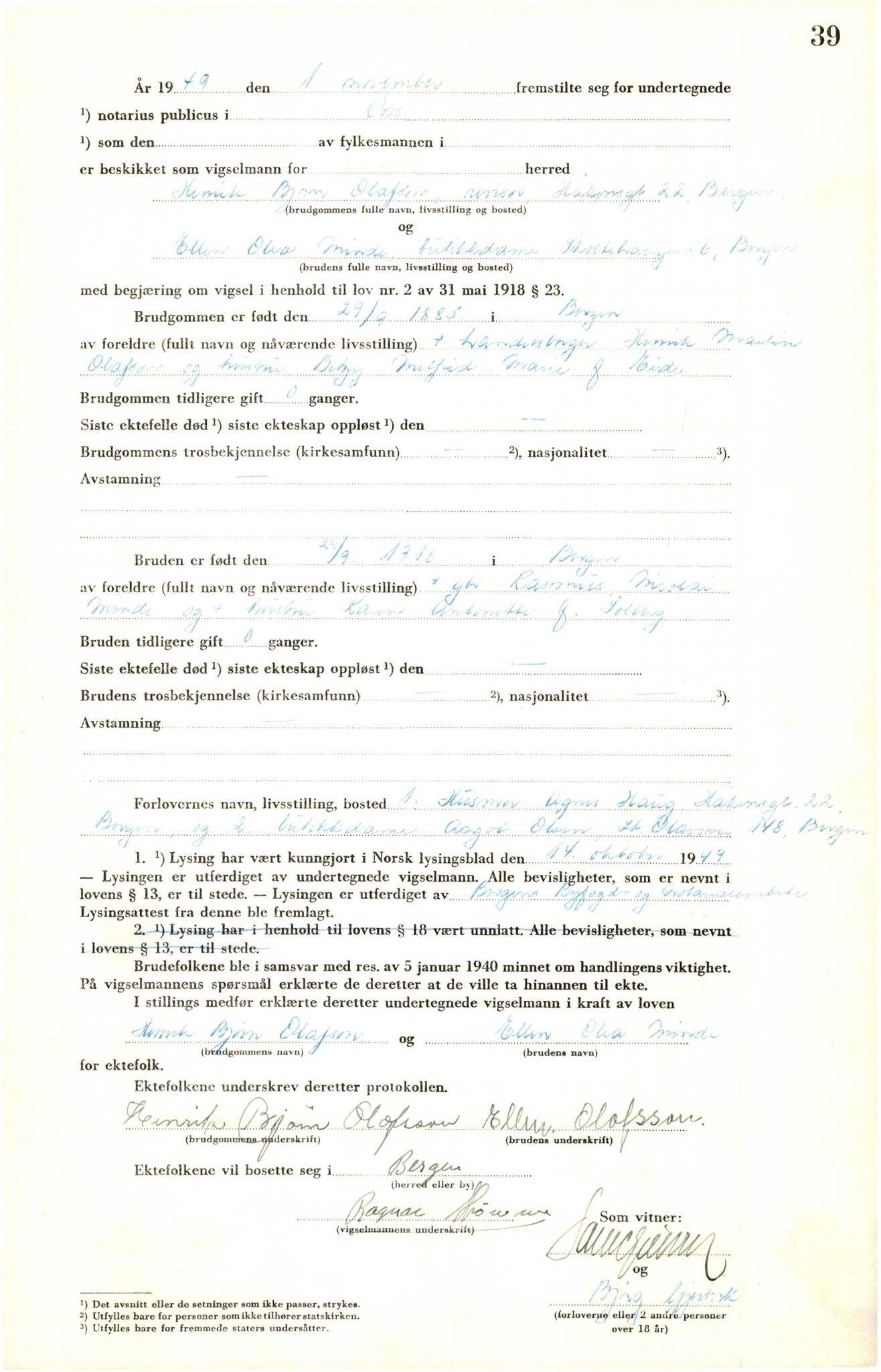 Voss sorenskrivar, SAB/A-2701/M/Maa/L0003: Vigselbok, 1945-1969, p. 39