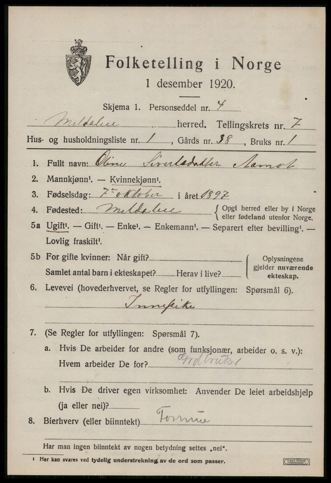 SAT, 1920 census for Meldal, 1920, p. 7291