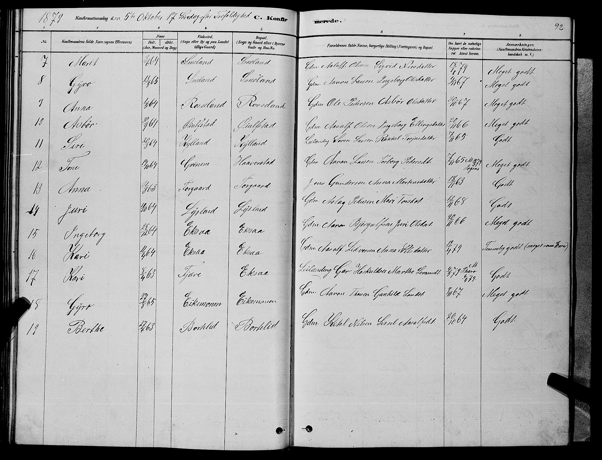 Åseral sokneprestkontor, AV/SAK-1111-0051/F/Fb/L0002: Parish register (copy) no. B 2, 1878-1899, p. 92