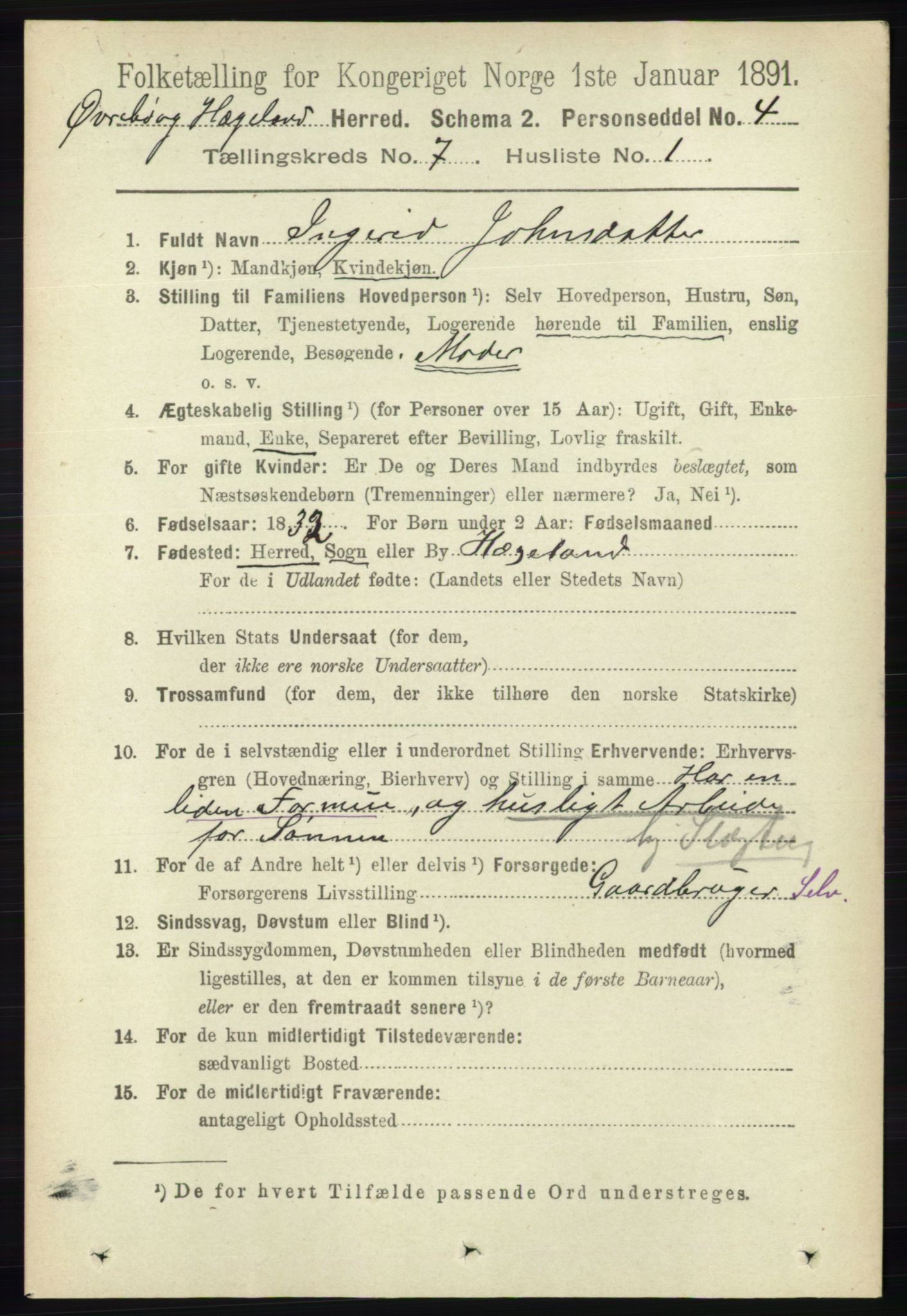 RA, 1891 census for 1016 Øvrebø og Hægeland, 1891, p. 1334