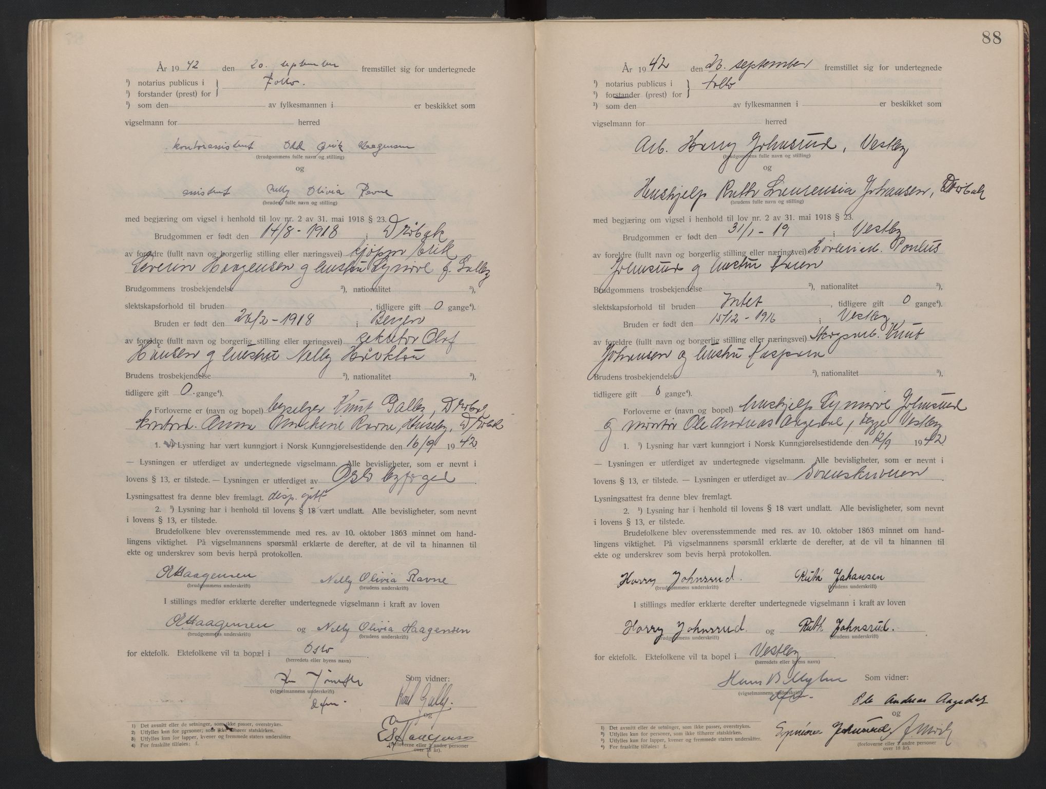 Follo sorenskriveri, AV/SAO-A-10274/L/La/Lab/L0001: Vigselsbok, 1920-1942, p. 88